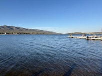 Dock and lake at hotel.