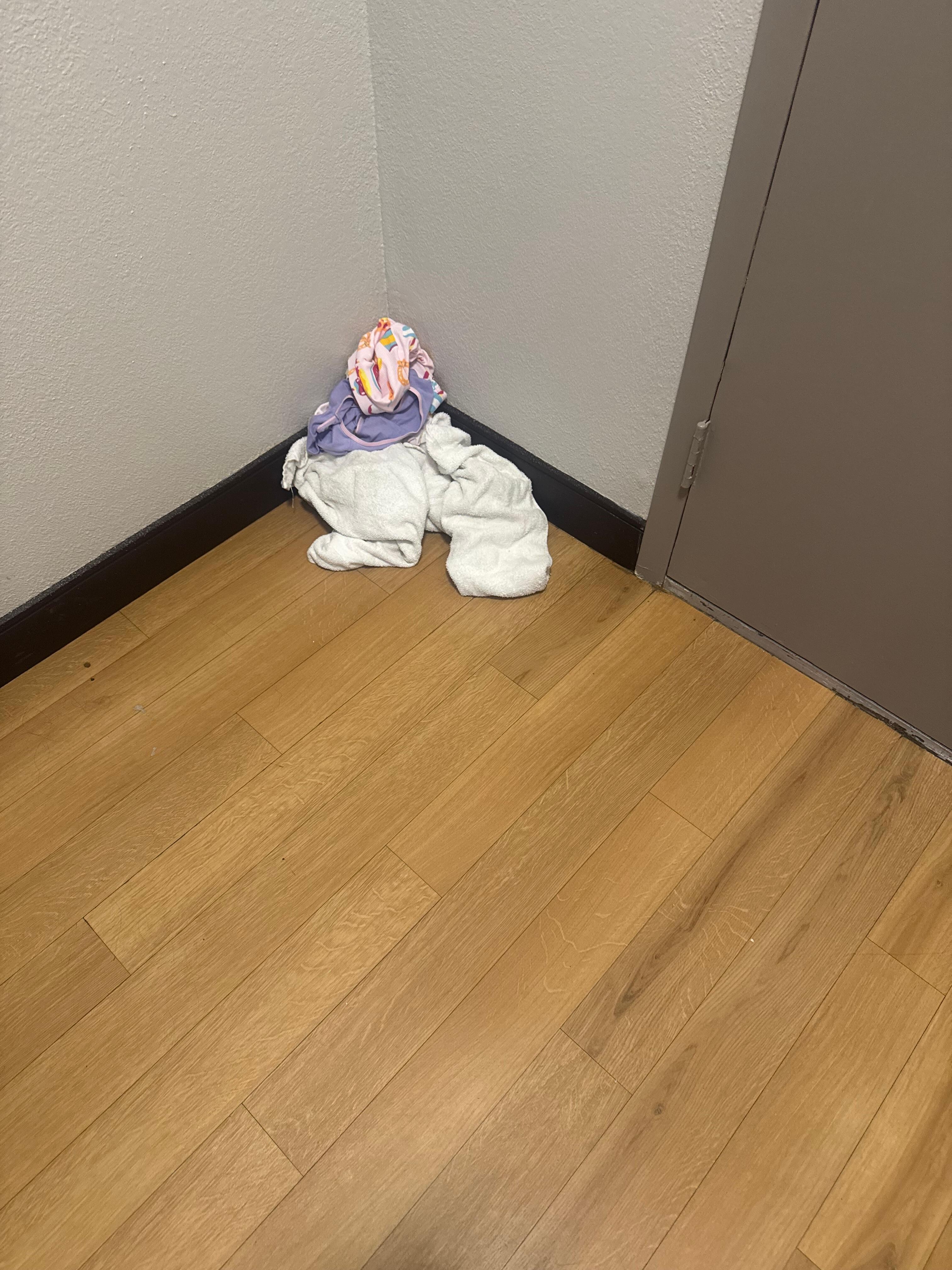 These were the towel left dirty in the corner of room I put there the Saturday morning for staff to grab and give clean towels and wash cloths. Room was untouched and no clean towels or wash cloths given. 