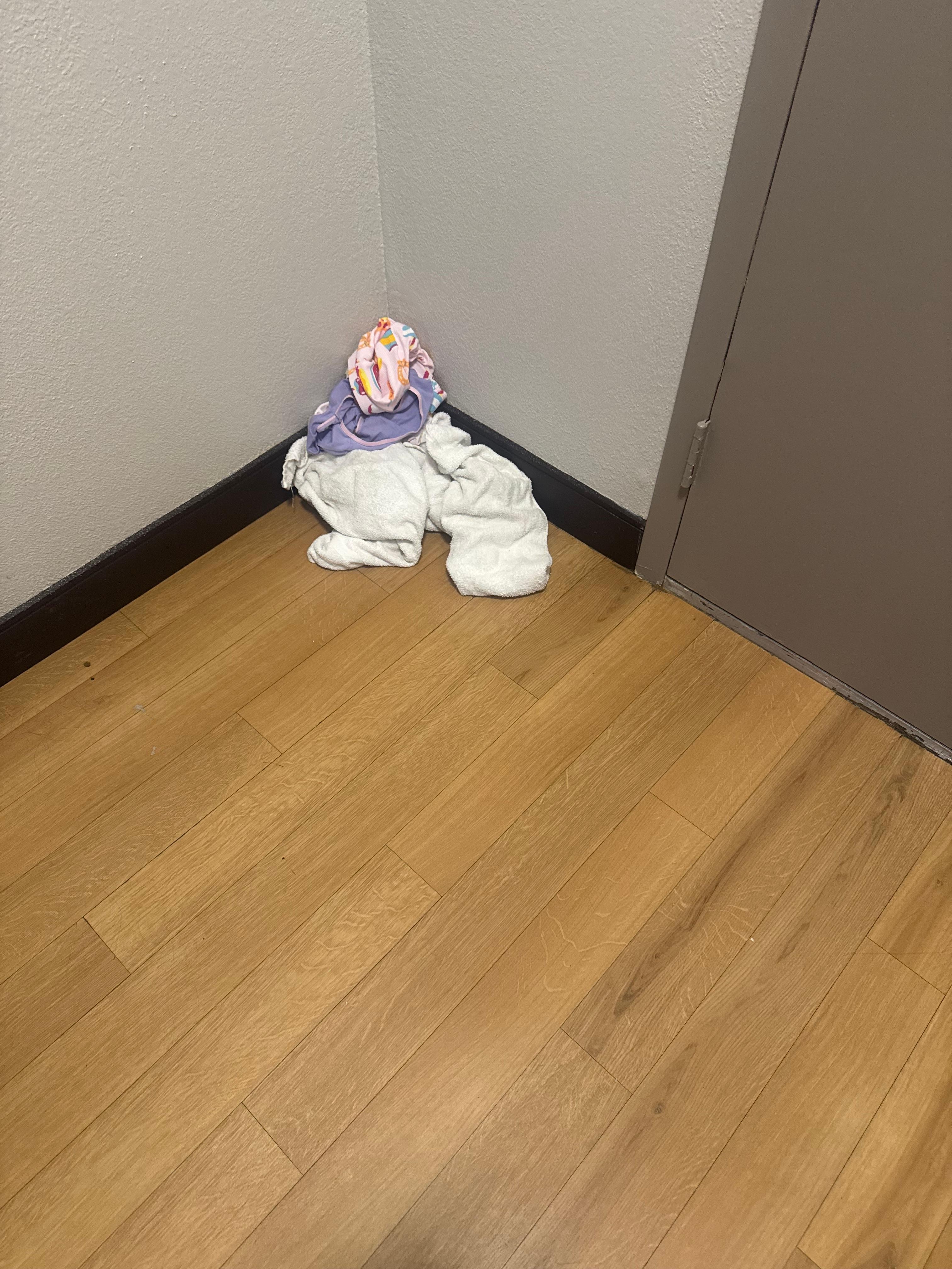 These were the towel left dirty in the corner of room I put there the Saturday morning for staff to grab and give clean towels and wash cloths. Room was untouched and no clean towels or wash cloths given.
