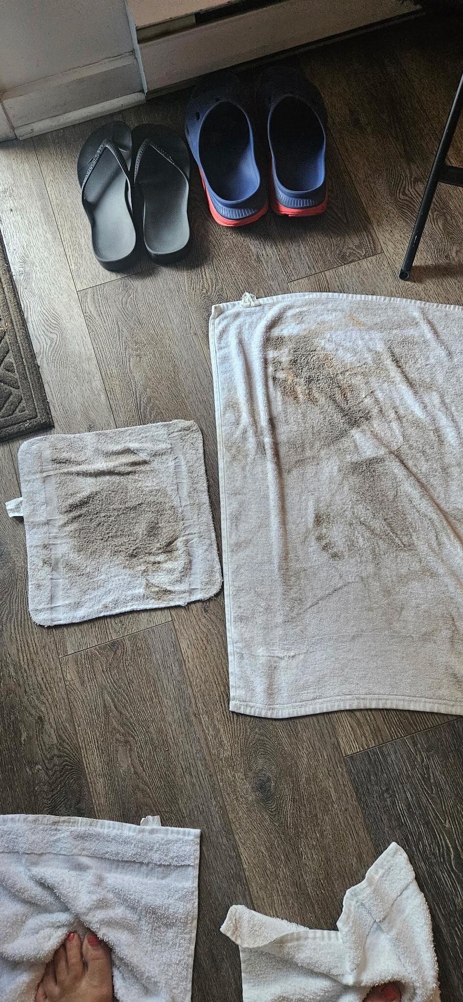 Towels used to clean nasty floors. 