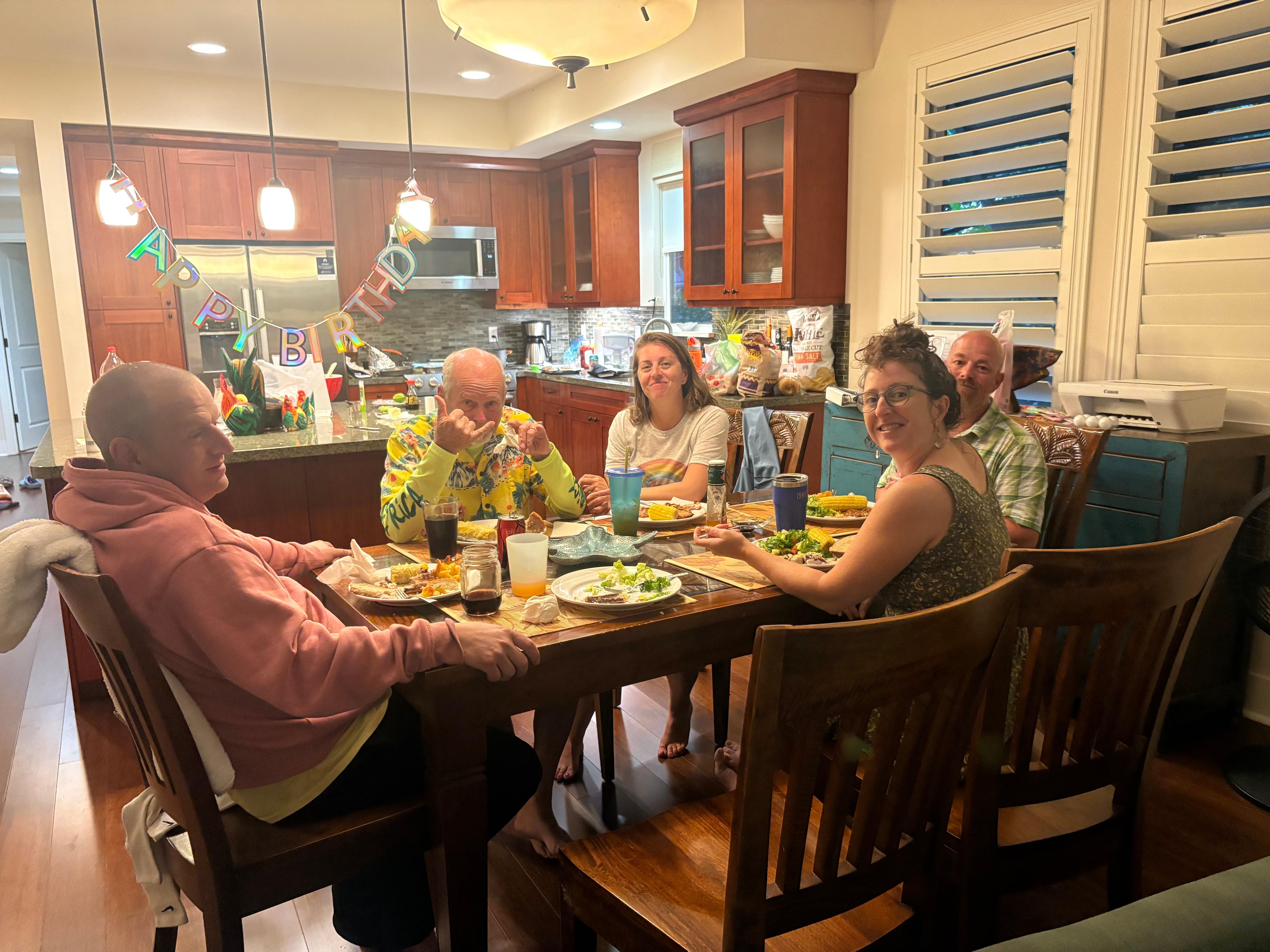 Enjoying eating the fish the men caught on deep sea fishing trip. Grills were a wonderful amenity!