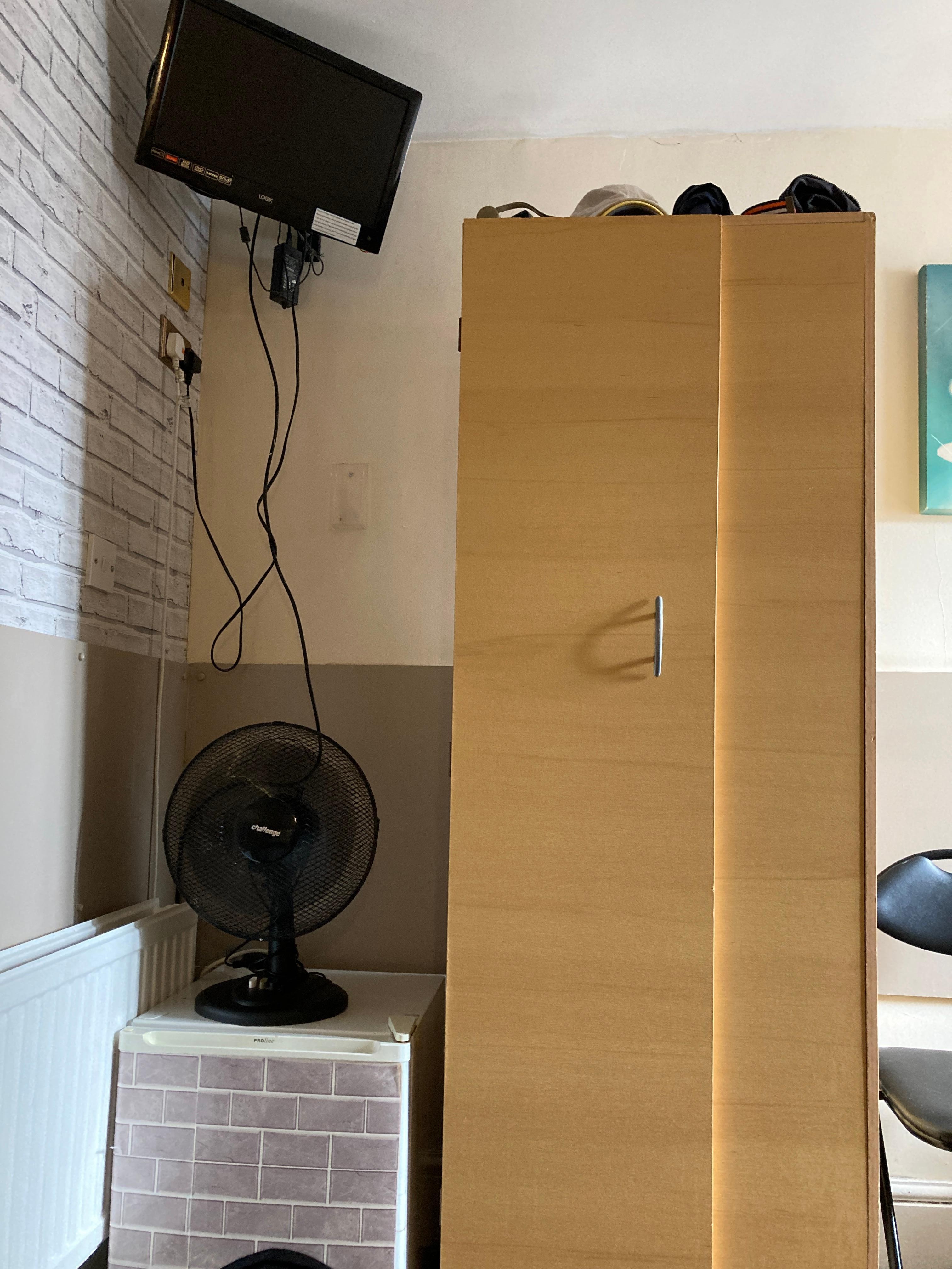 Mini-fridge, oscillating fan, tv, freestanding closet
