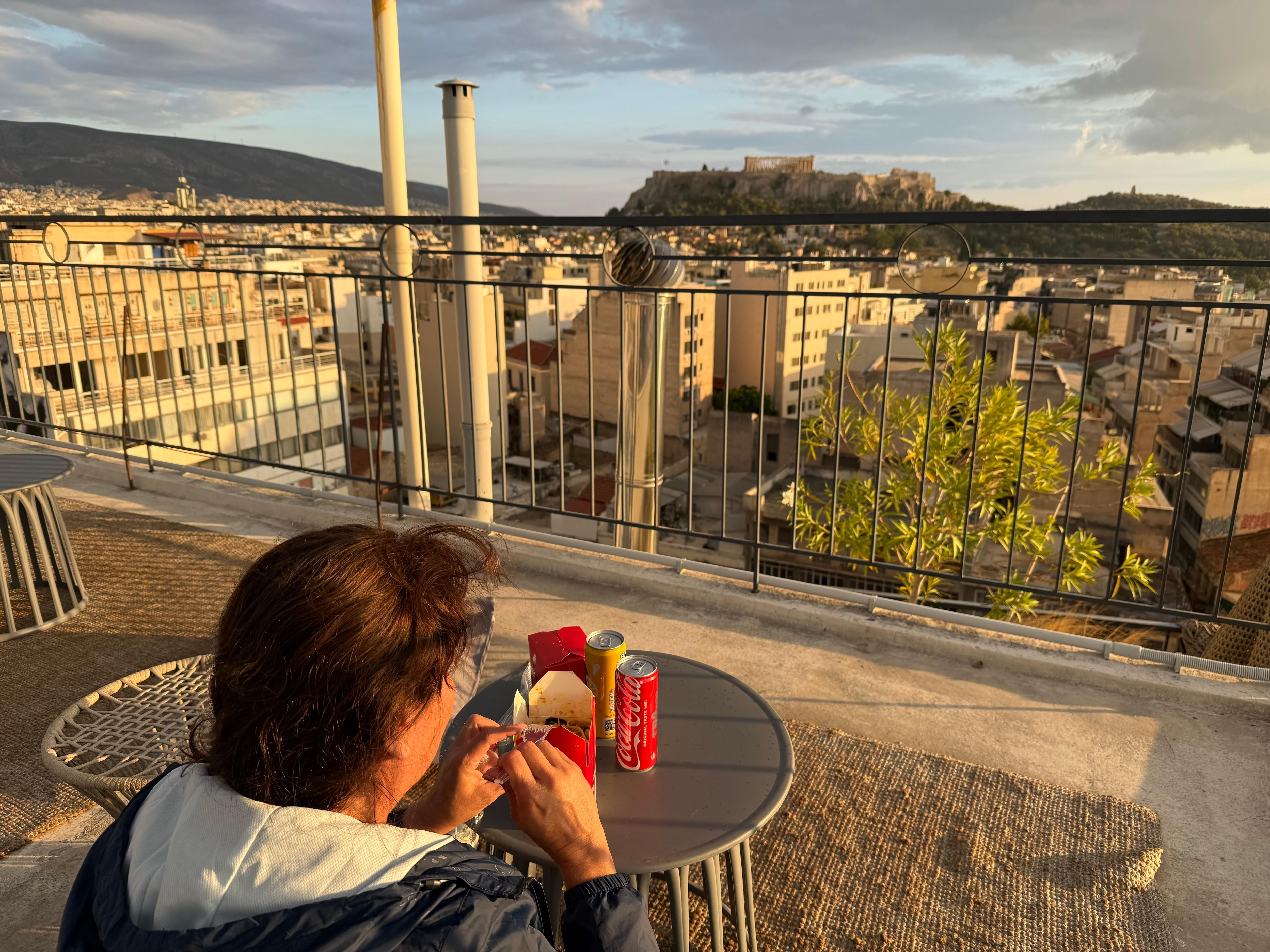 Having lunch on the rooftop 