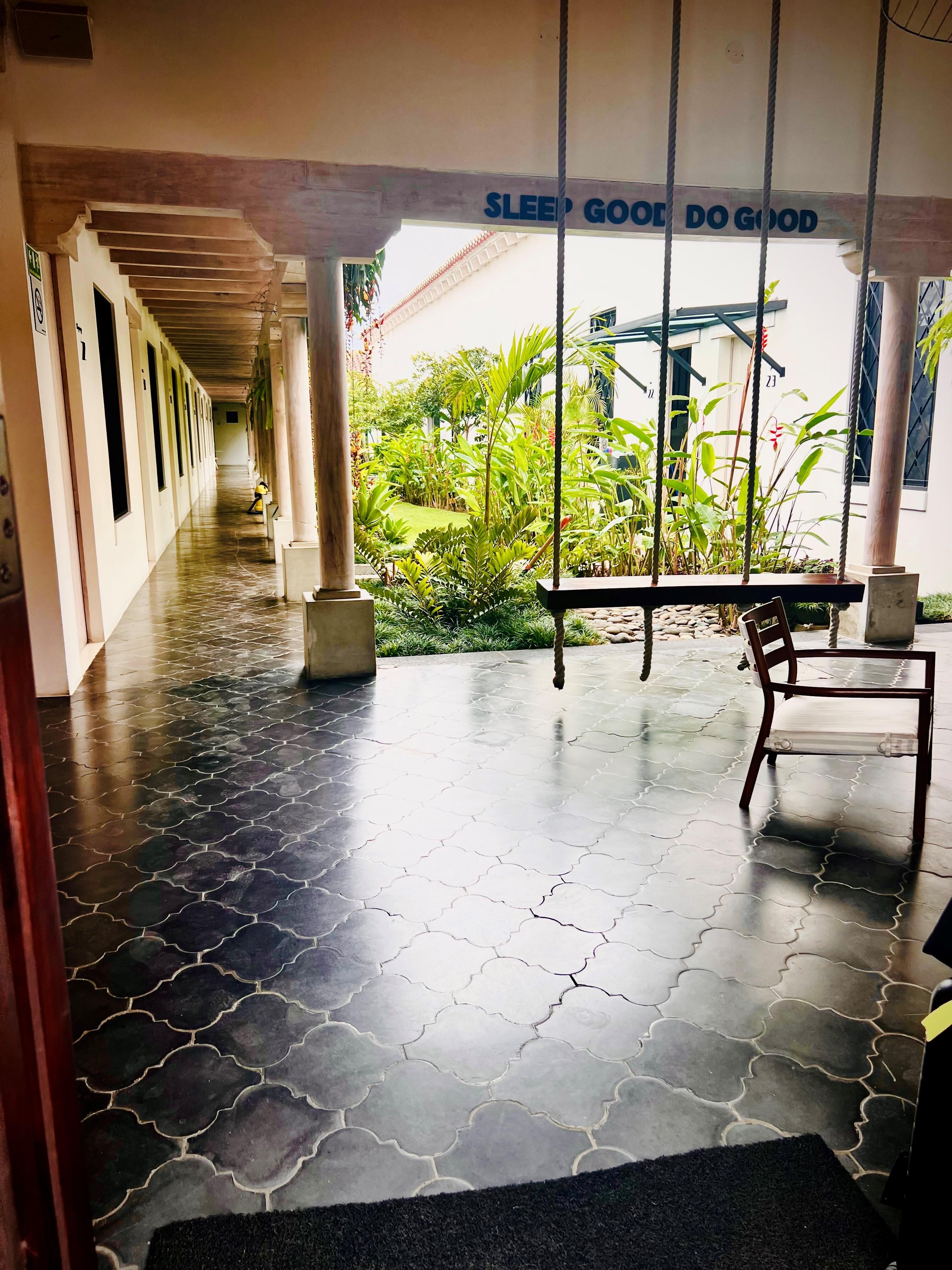 Alluring lobby swing. The Hotel is on a serene street close to everything.