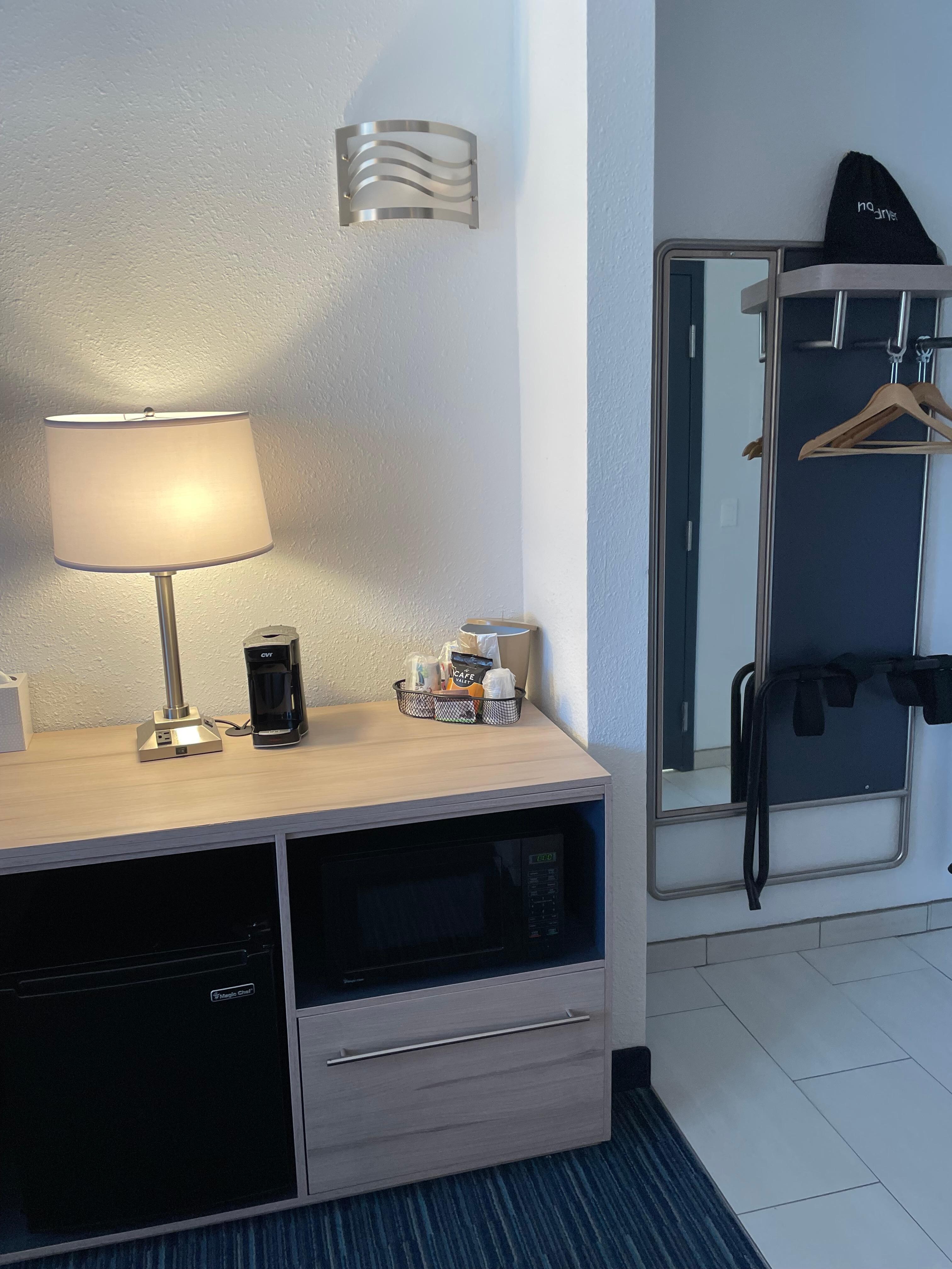 Microwave, mini fridge, coffee