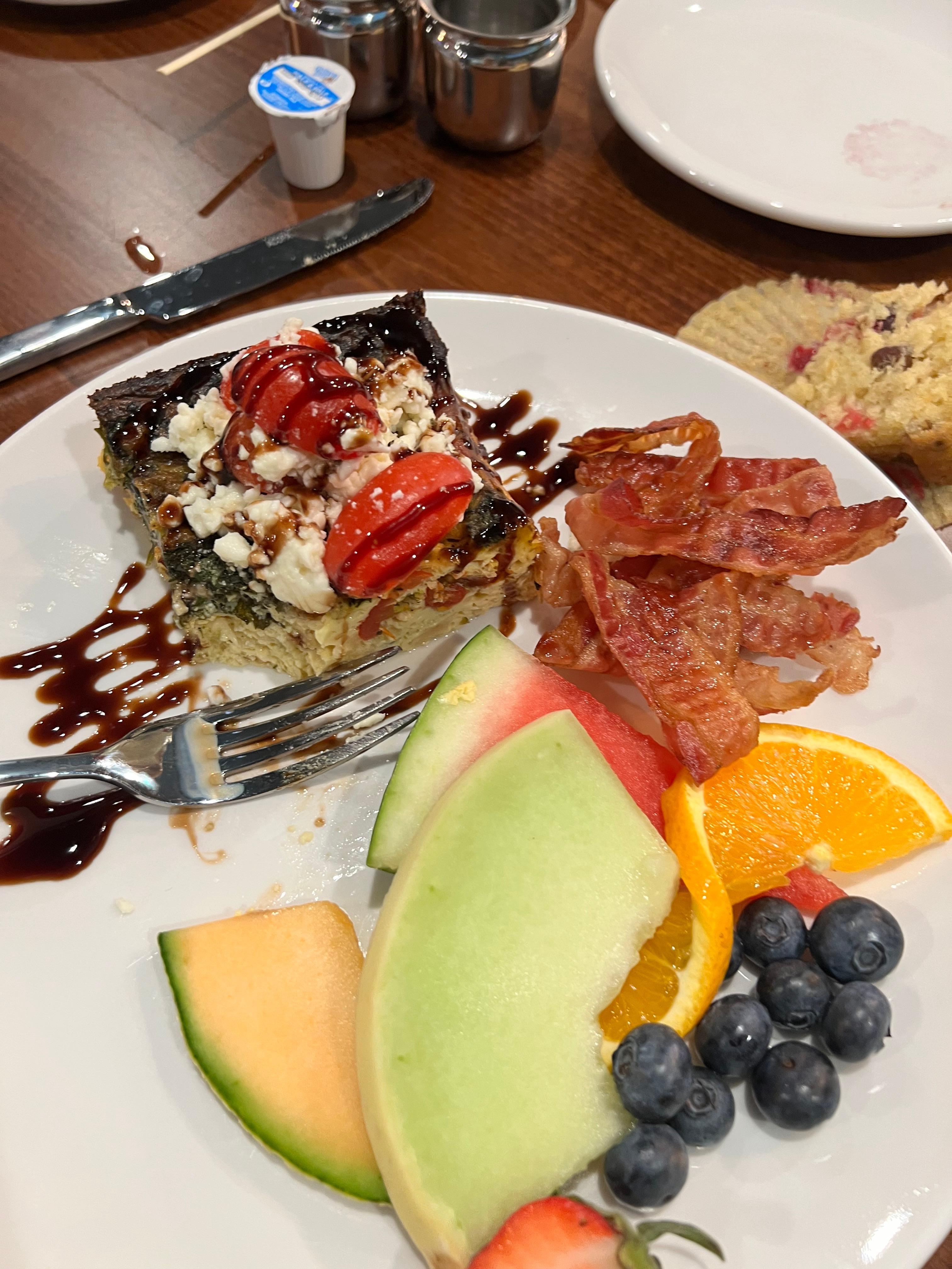 Complementary frittata with tomato and feta.