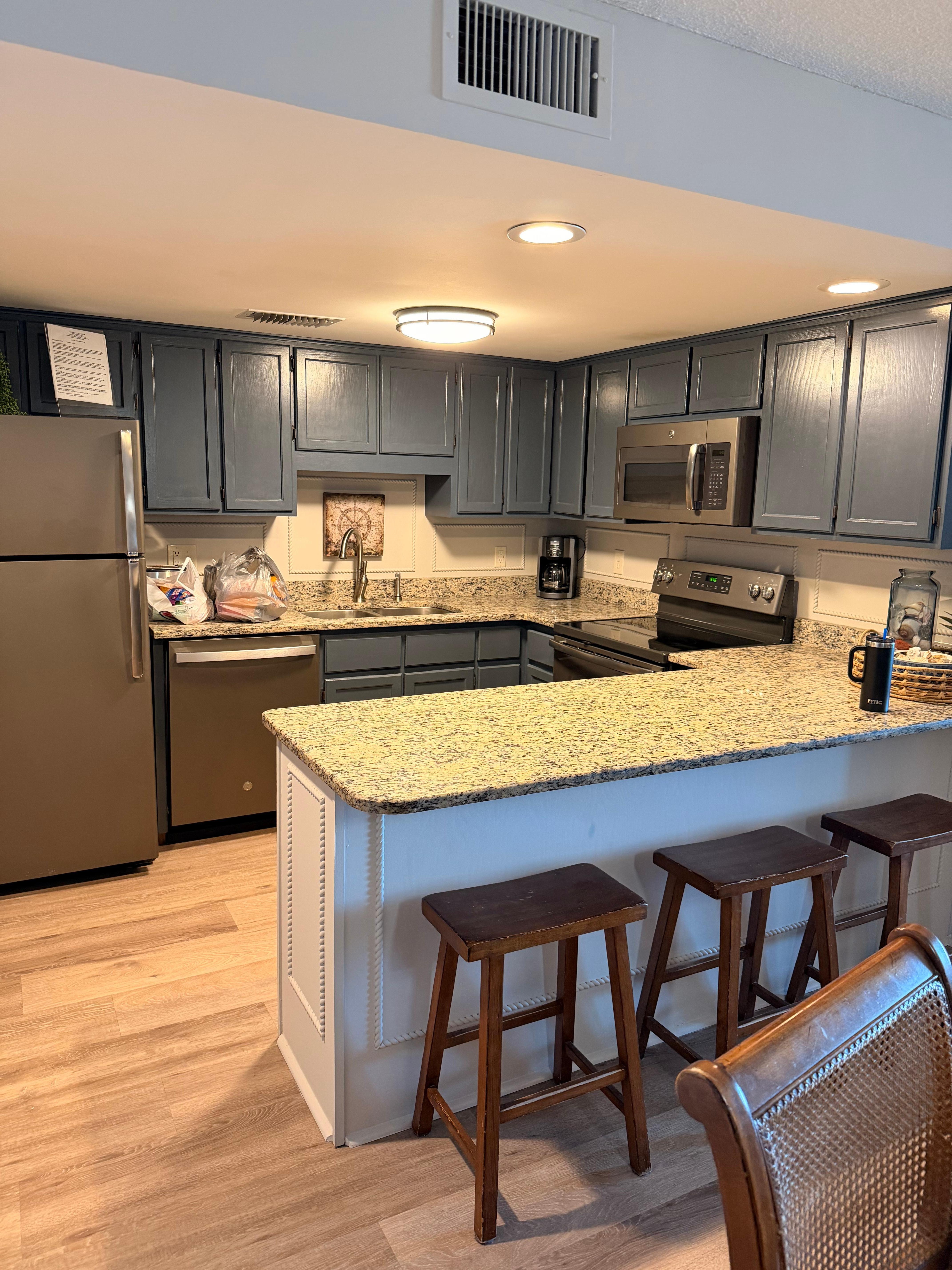 Kitchen, I love the slate blue cabinet color! 