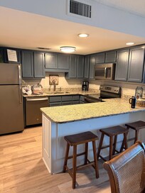 Kitchen, I love the slate blue cabinet color!