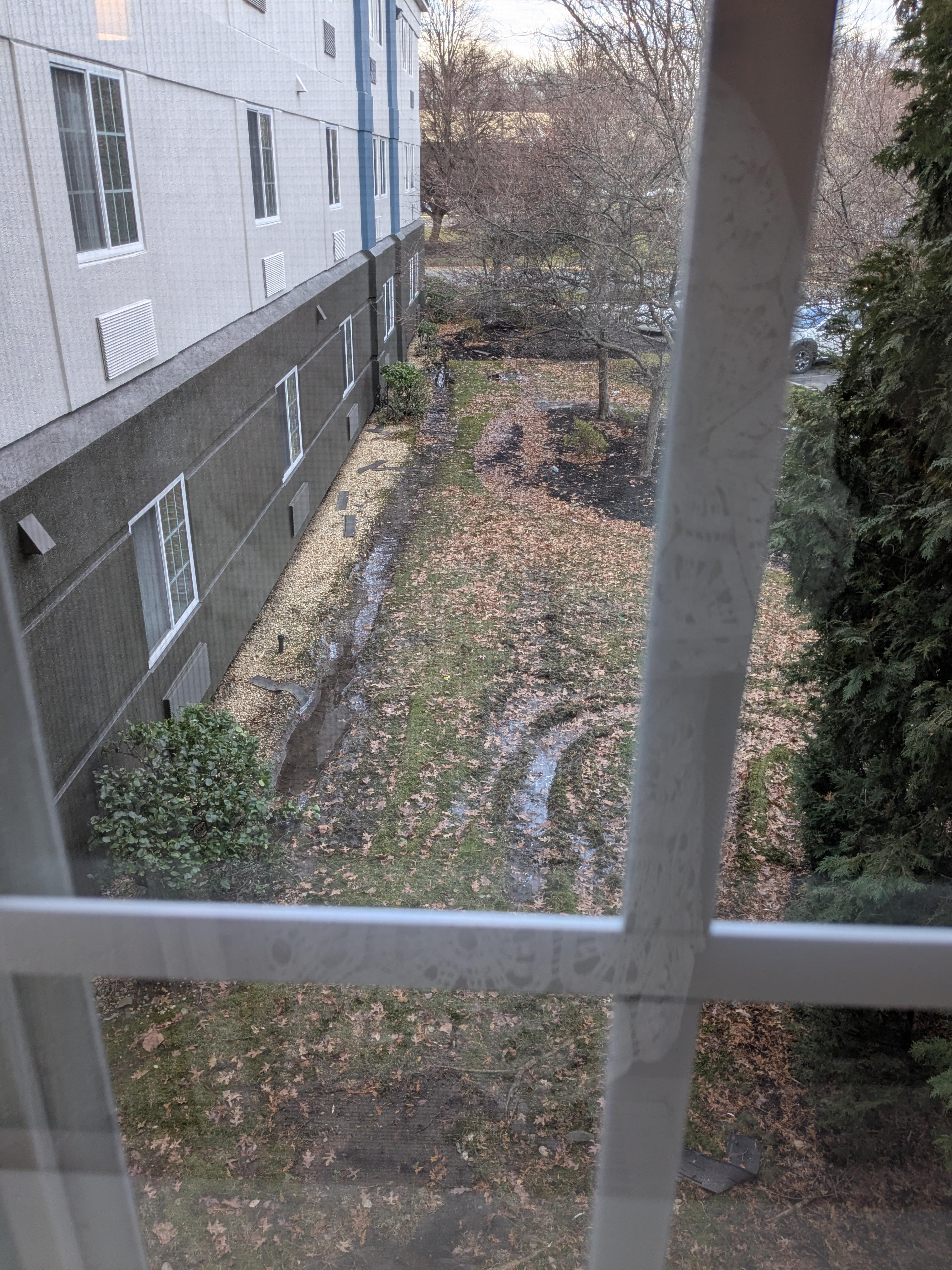 View from room of torn up yard, roofing shingles 