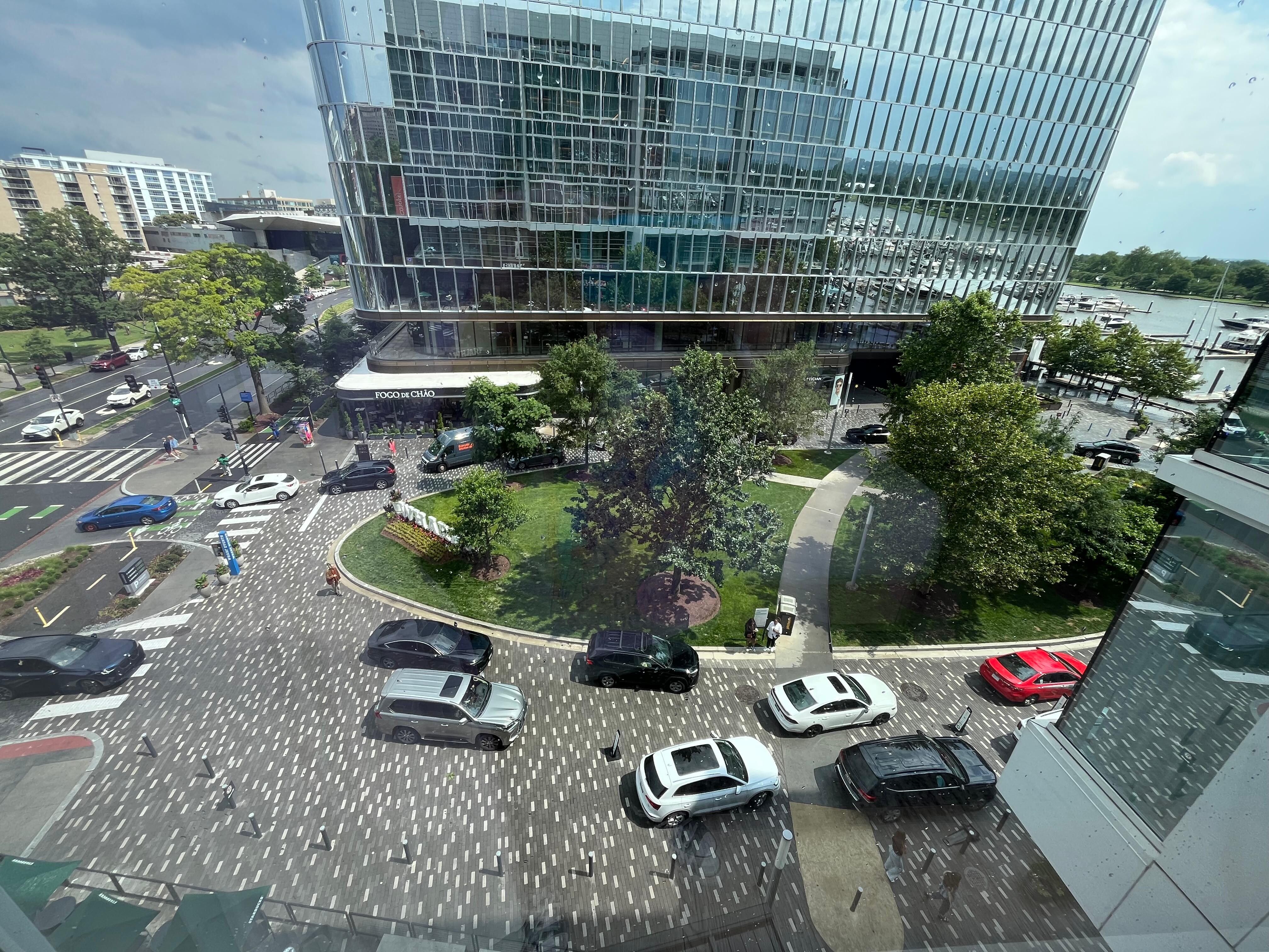 View of valet/ride share pick up location in front of hotel from courtyard view room