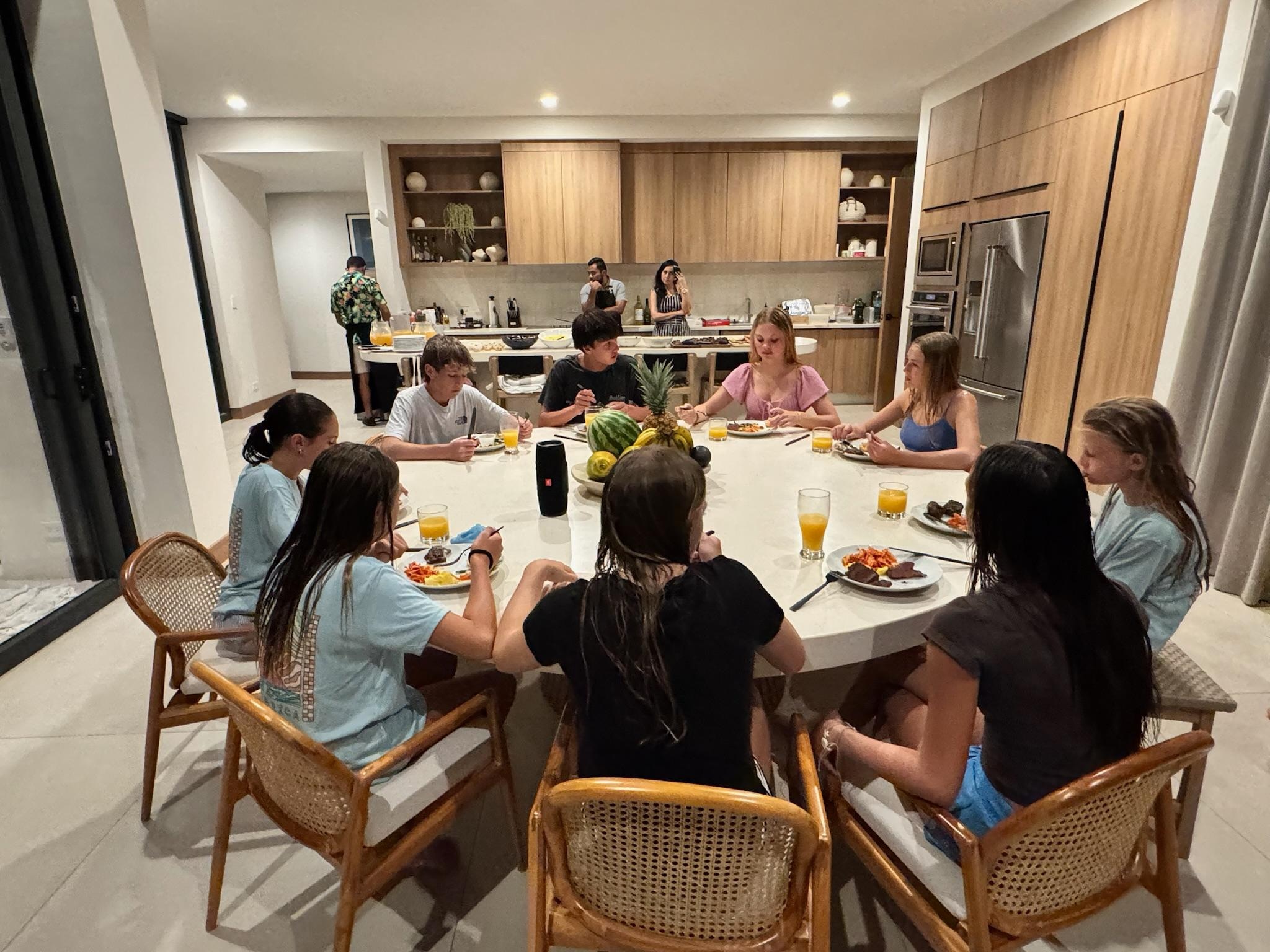 Huge indoor and outdoor table that easily accommodated a group dinner for 20. 