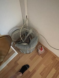 Exposed cables in a trash can.