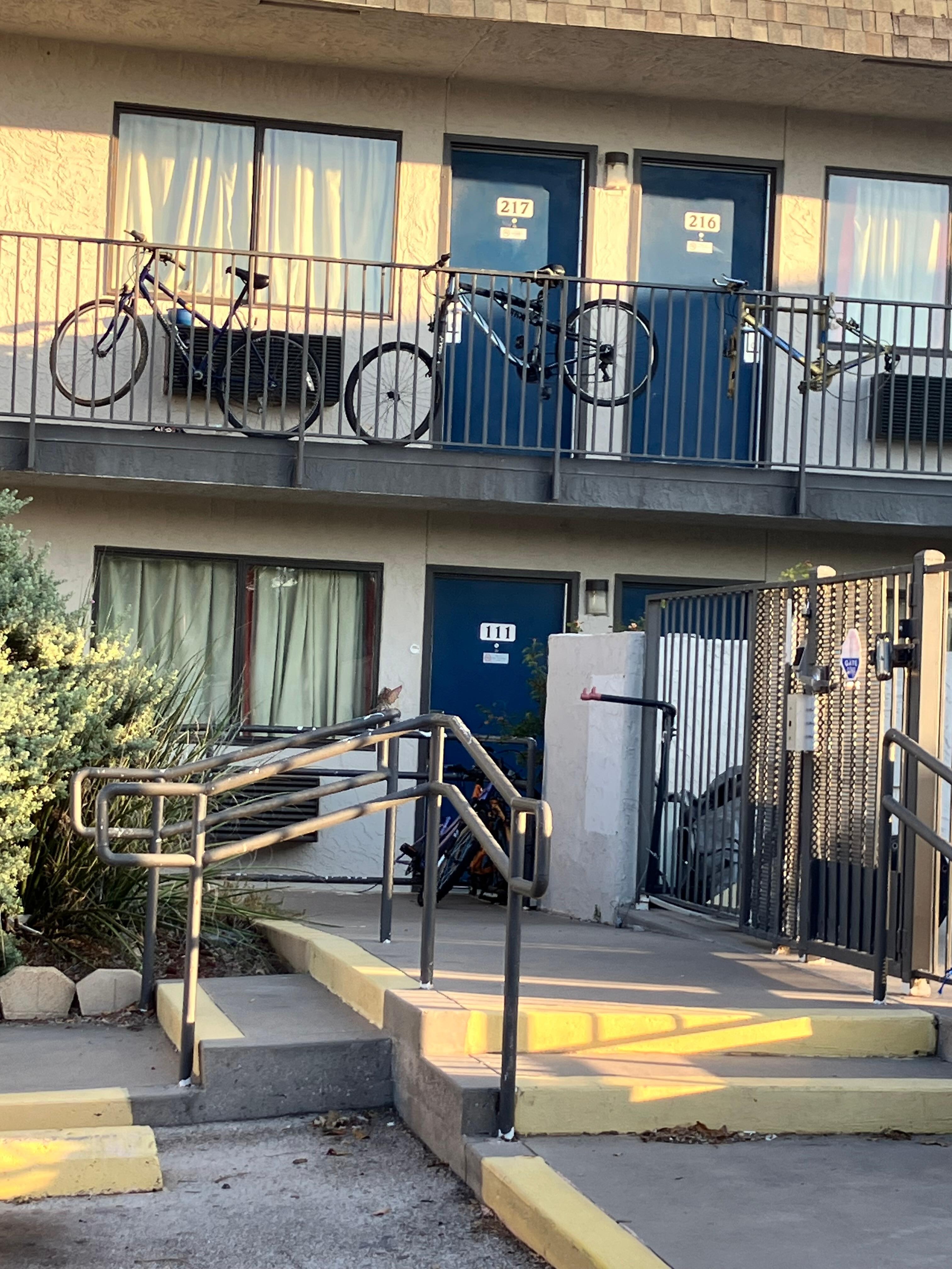 Scavenged bikes locked to railing