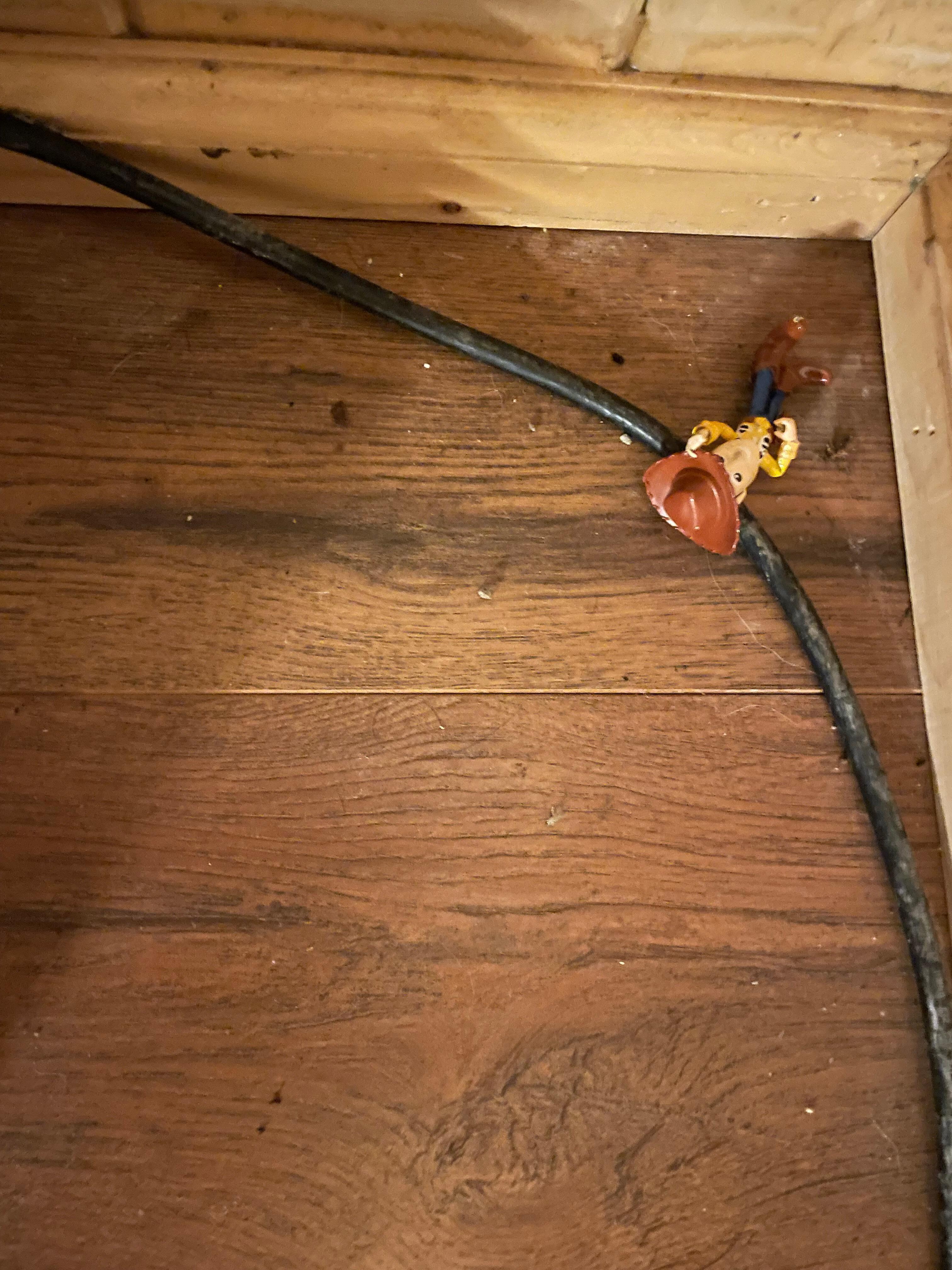 Children’s toy left beside the heater that doesn’t work- along with mouse droppings in the cabin