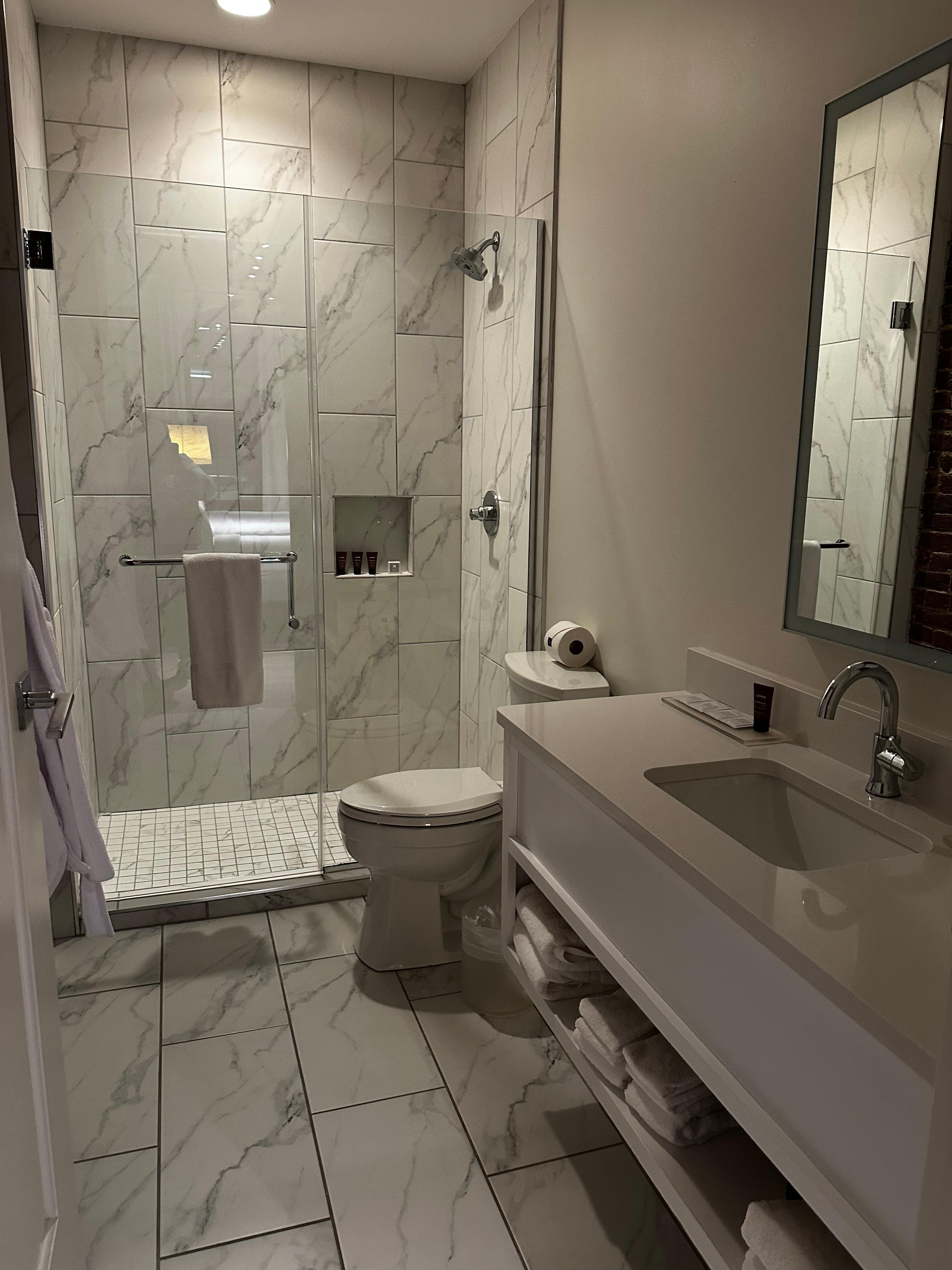 Bathroom with huge walk in shower. 