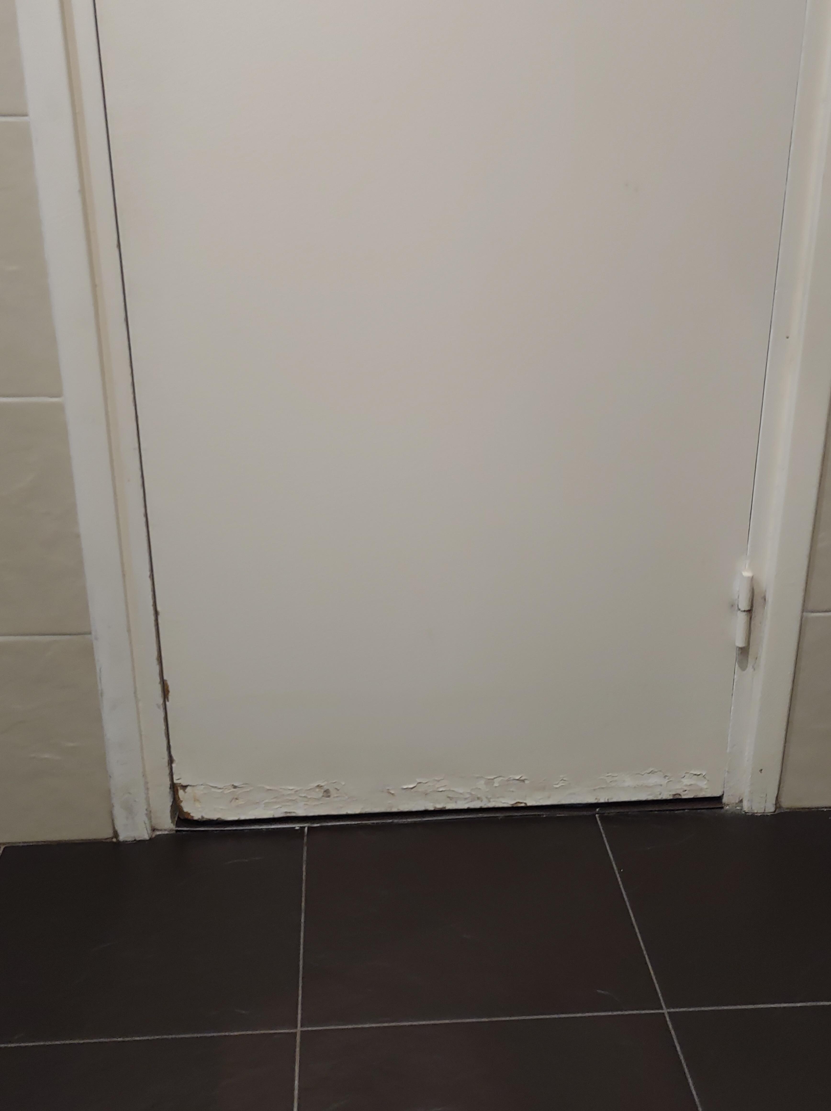 The bottom of the bathroom door has water damage.