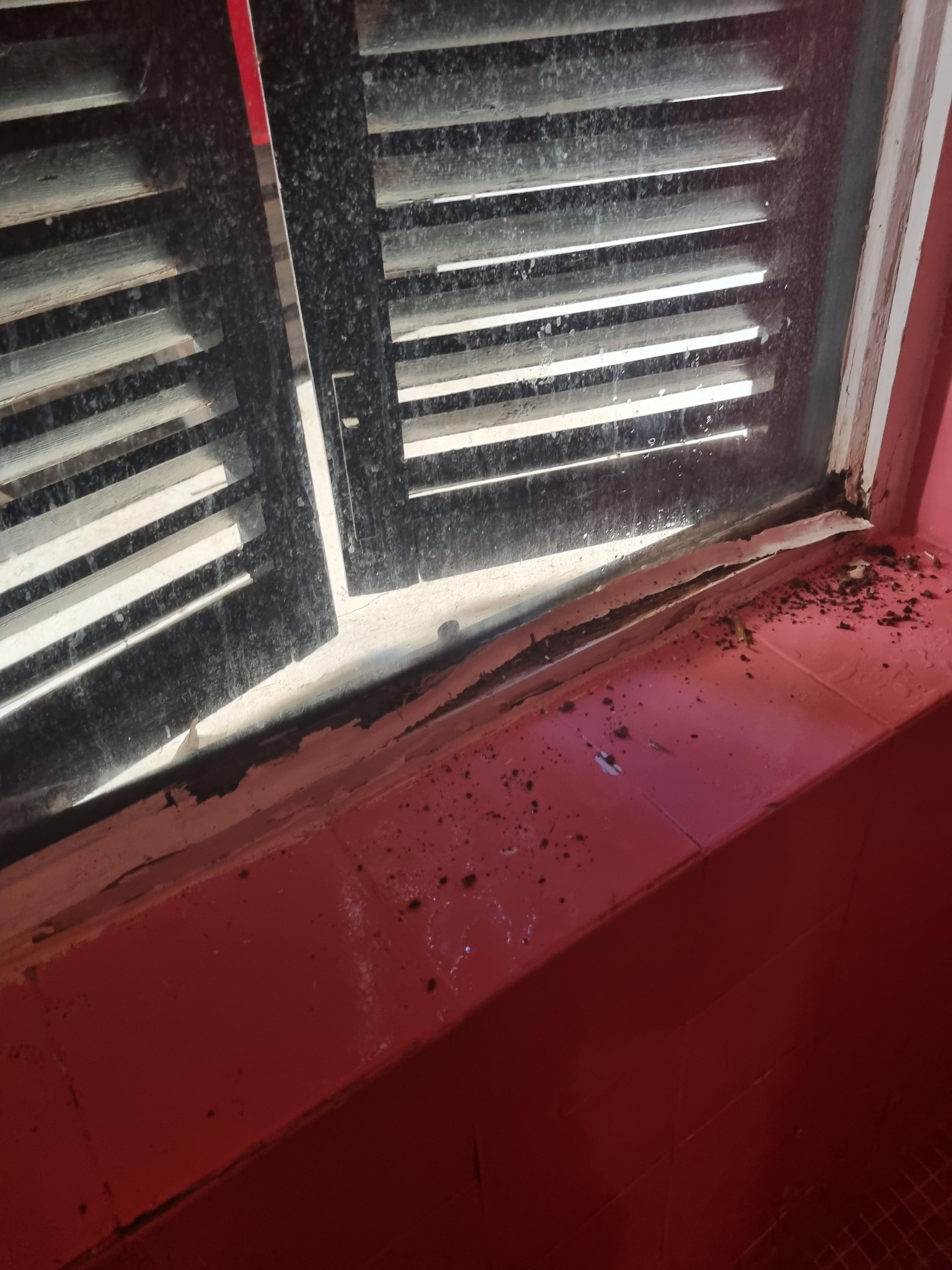 Unsecured shutters with frames that rotting. 