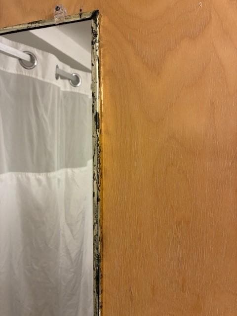 the plastic frame mirror on back of bathroom door