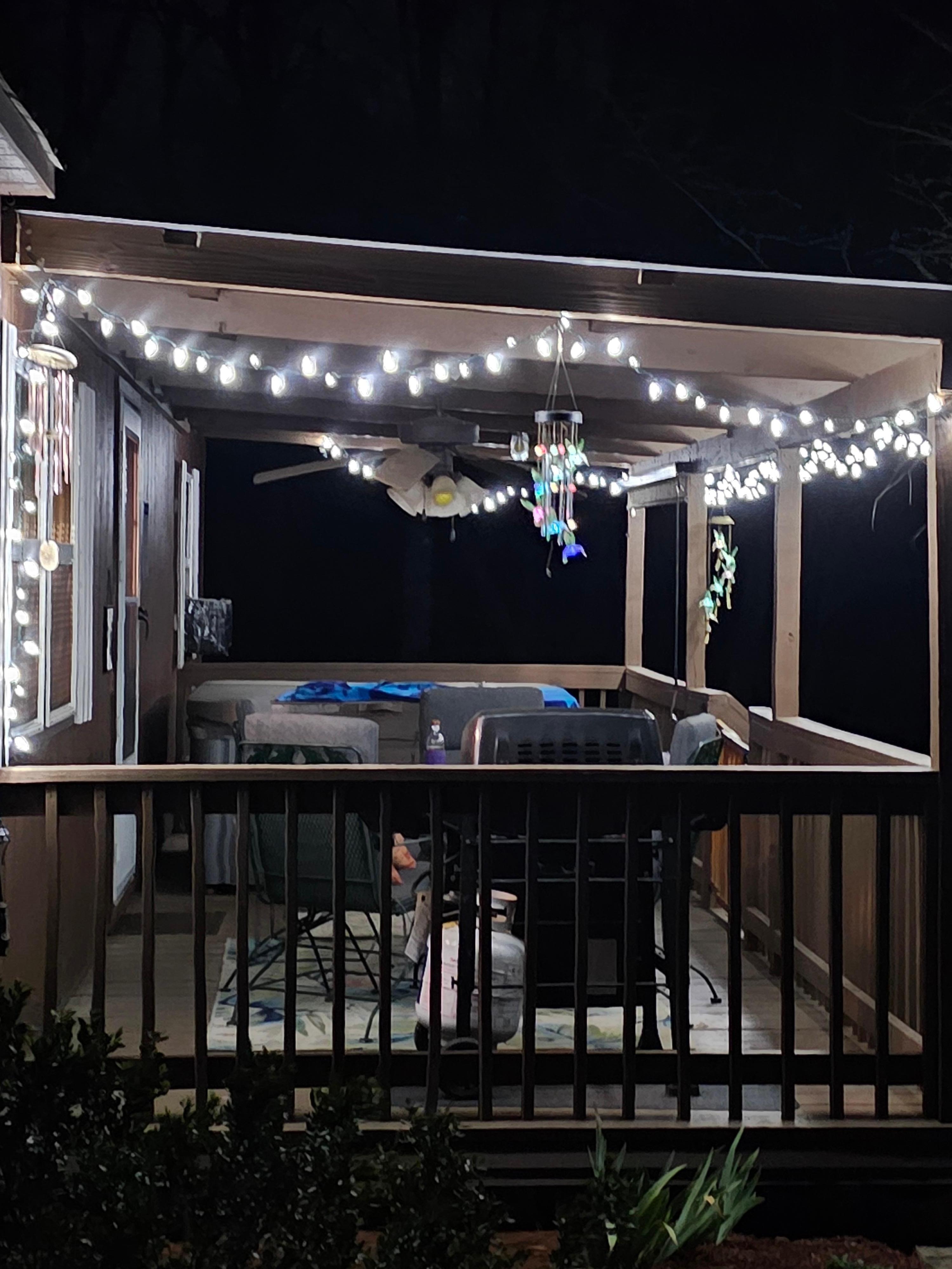 Porch lit up at night