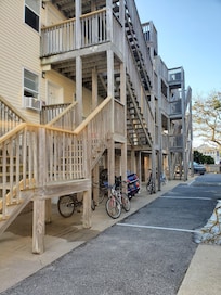 The stairs of the hotel. All rooms have outside entries.
