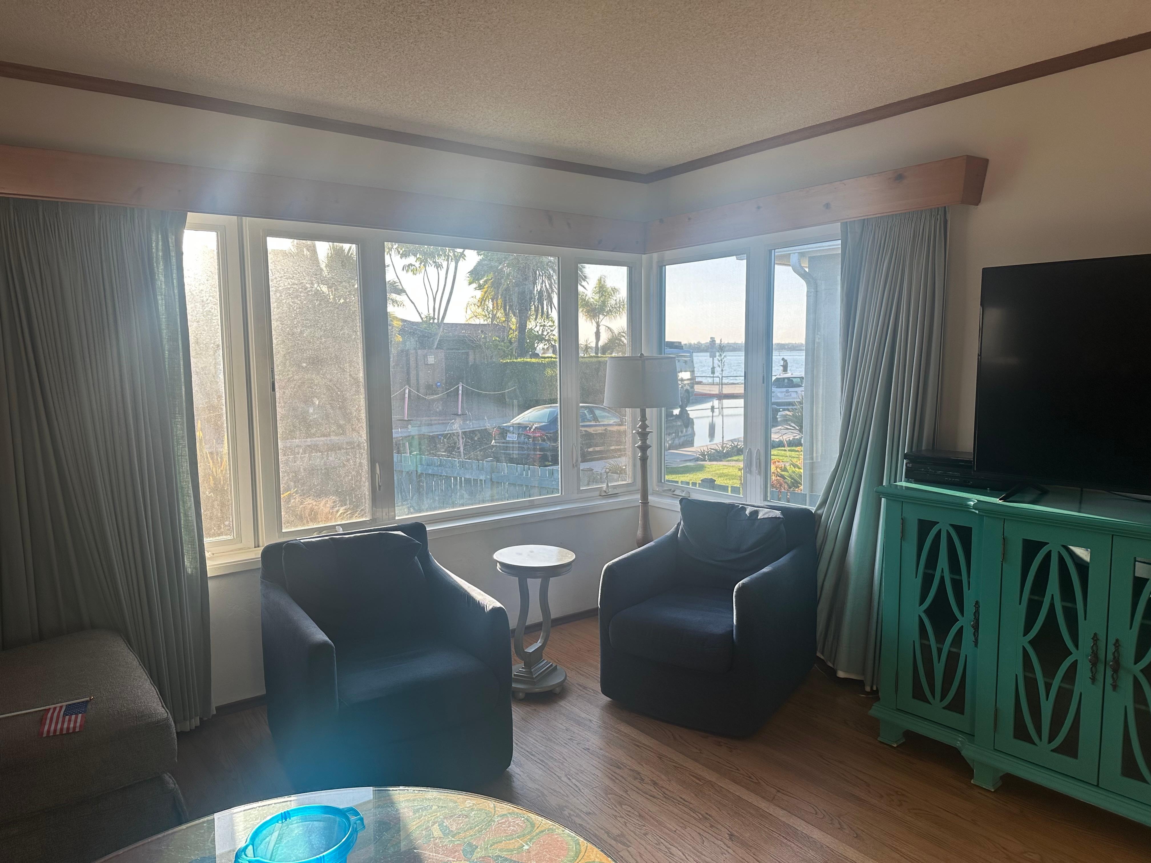 Looking out living room window at bay