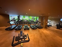 Stort och välutrustat gym med bra ventilation och fin utsikt över grönskan