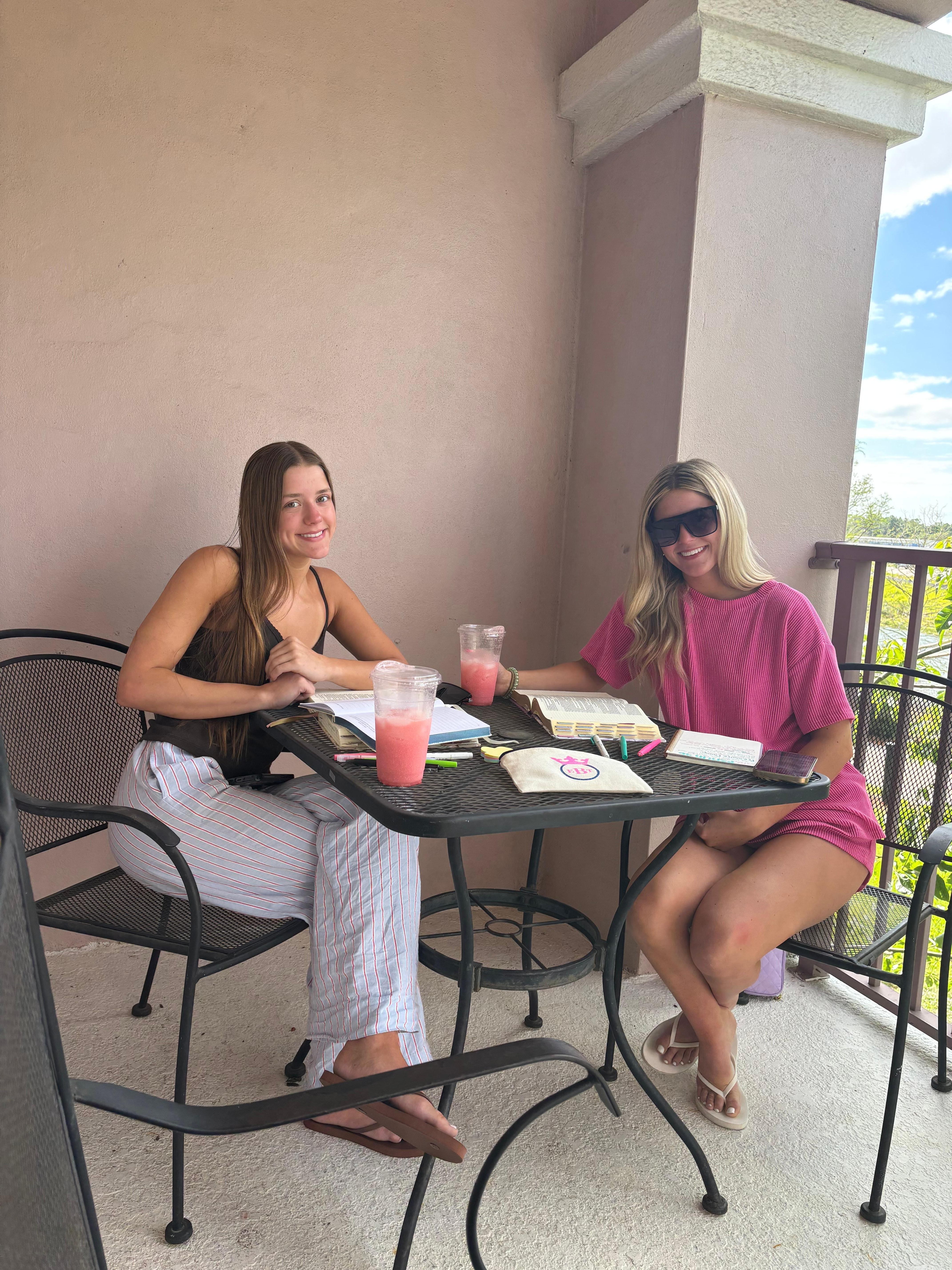 Relaxing morning devotion time between best friends.