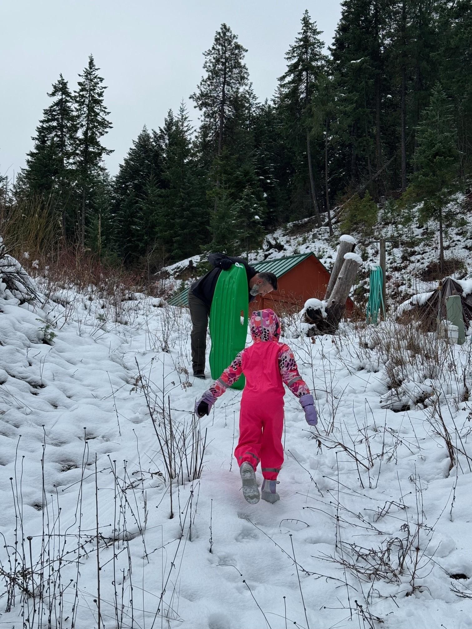 Sledding on the hill steps from the cabin