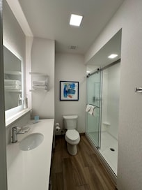 Bathroom sink, toilet and shower