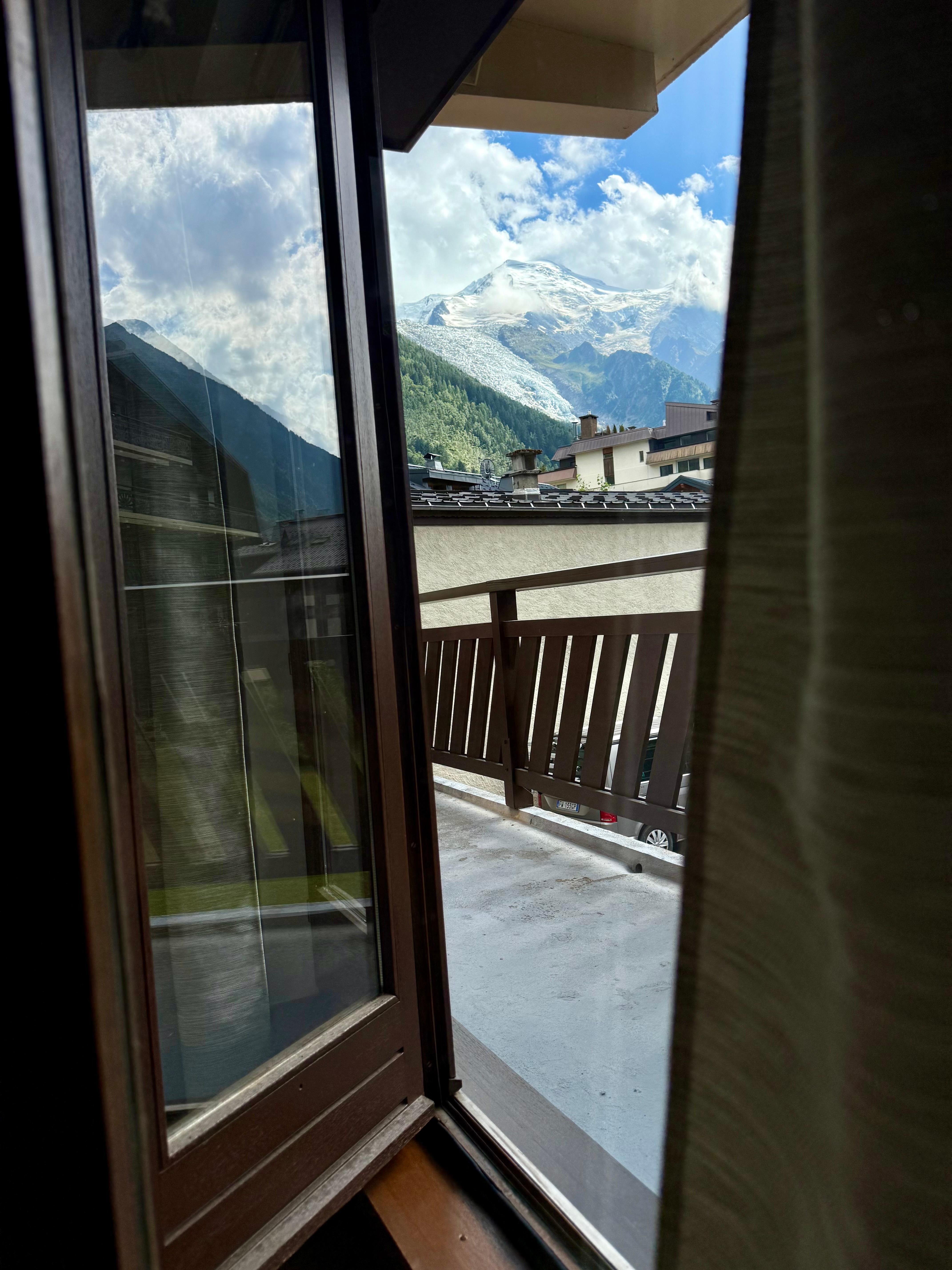 Door from living room out to balcony, beautiful Mont Blanc!