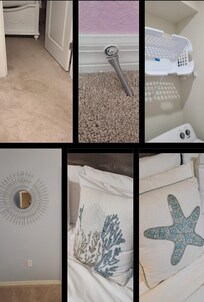 Stained carpet, broken laundry basket, multiple broken door stops, and damaged decor