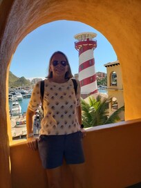 Hallway of Tesoro hotel overlooking marina.