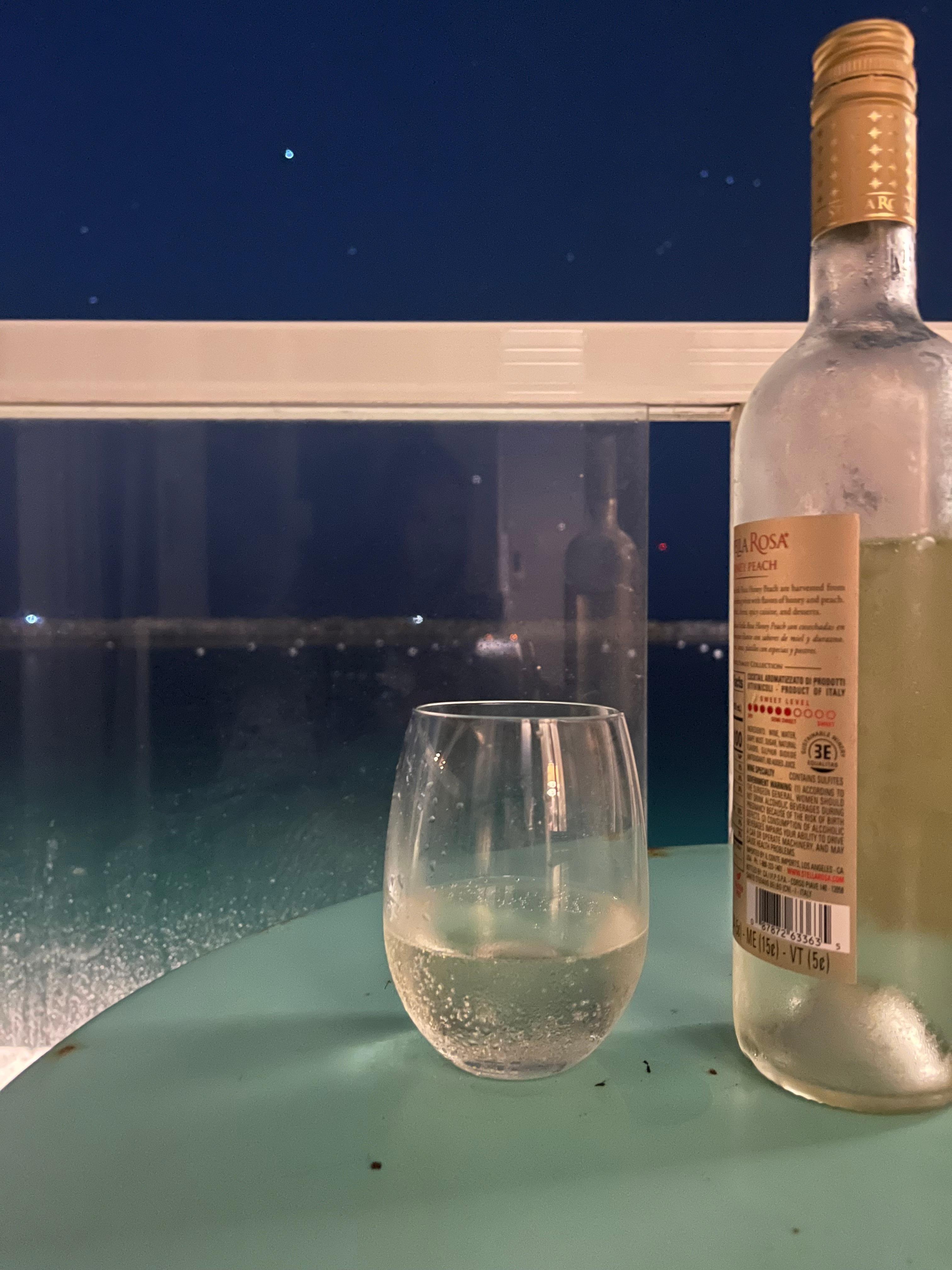 Evening views, sea lions, in the distance, and some white wine. 