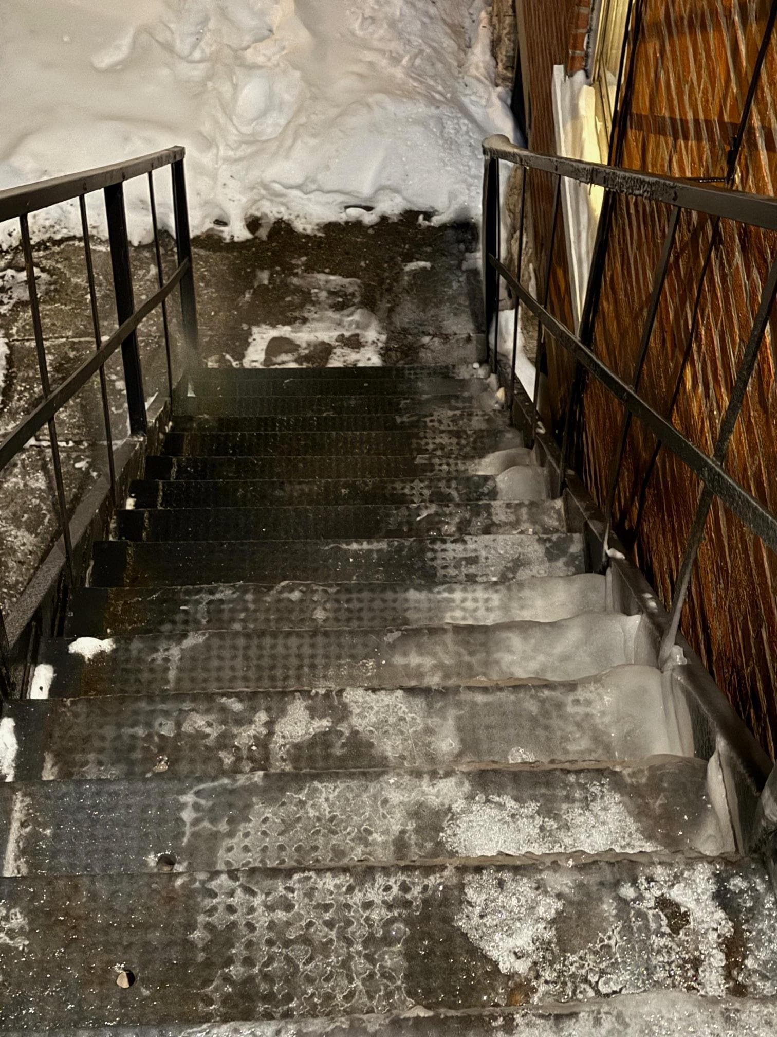Ice covering every step.