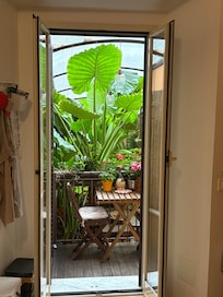 Blick aus der KĂŒche in den Garten im Innenhof