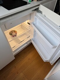 Surprisingly spacious mini-fridge under stove.