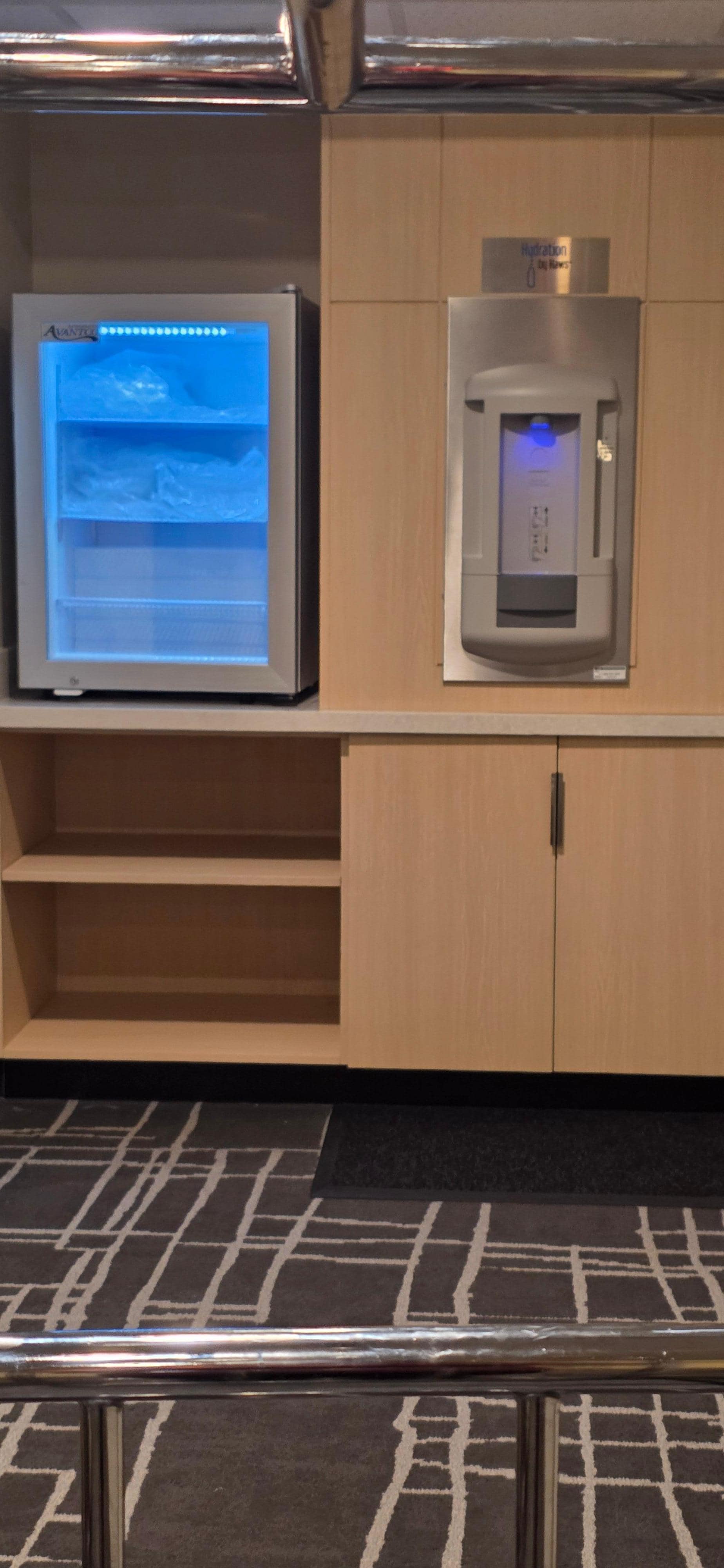 Water bottle refill station, ice freezer with pre-bagged ice