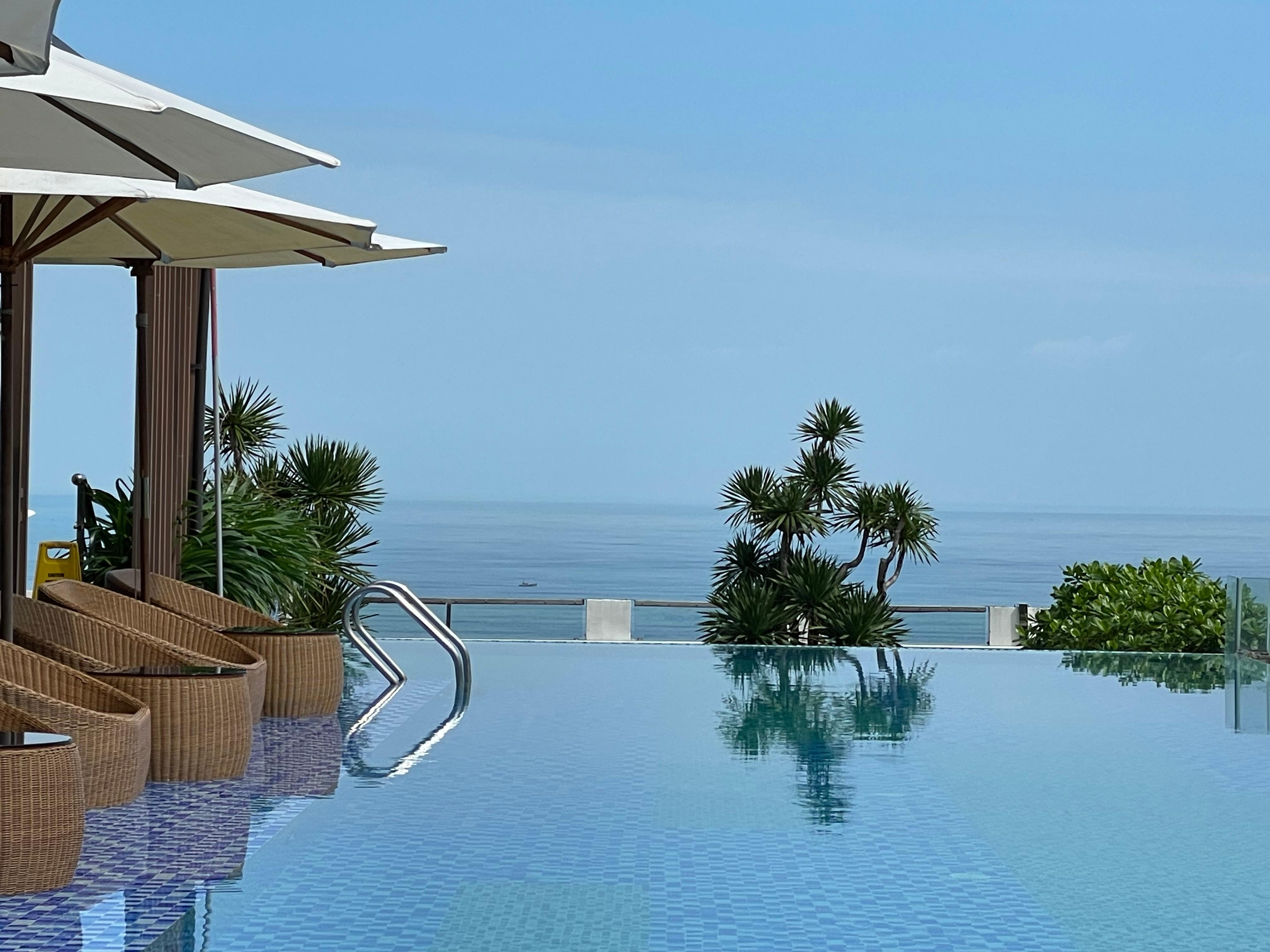 Rooftop pool, bar, & restaurant.  Prices like outside, but better quality & service. 