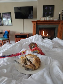 The room set up from the bed during a lunch for kings