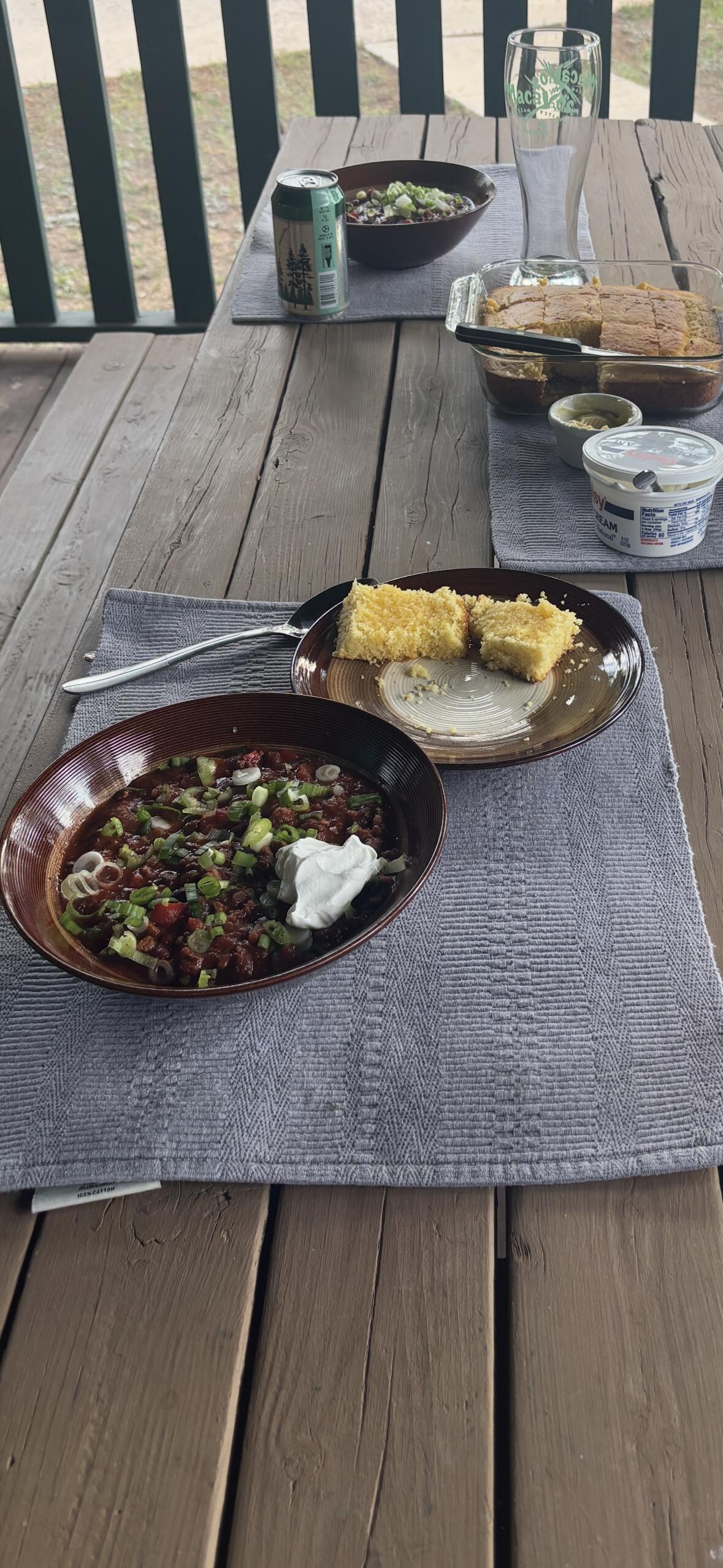 Chili for dinner on the front porch.