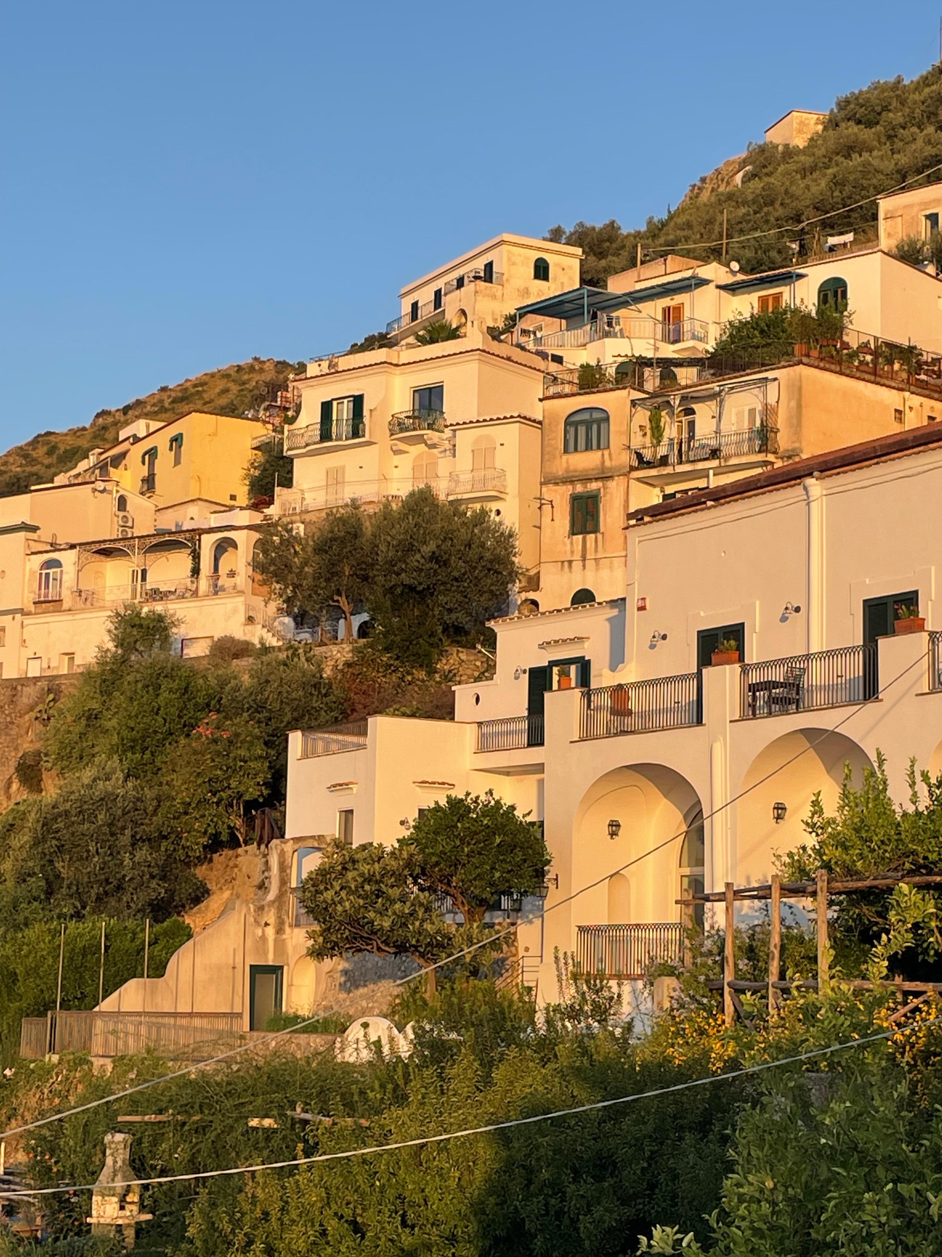 View of town from balcony at sunrise