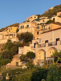 View of town from balcony at sunrise