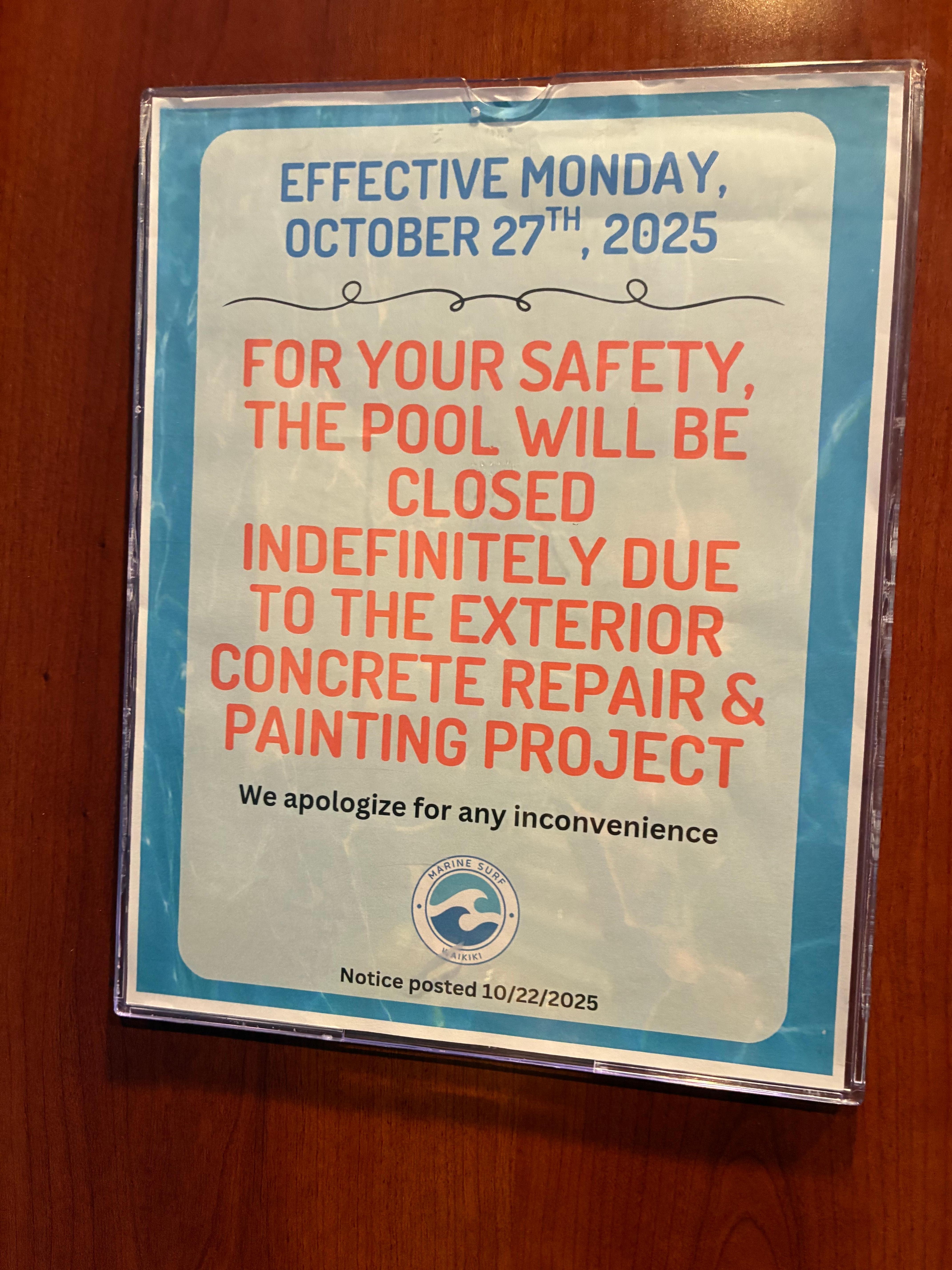 The pool is closed indefinitely even though it is listed as an amenity in the Expedia listing.