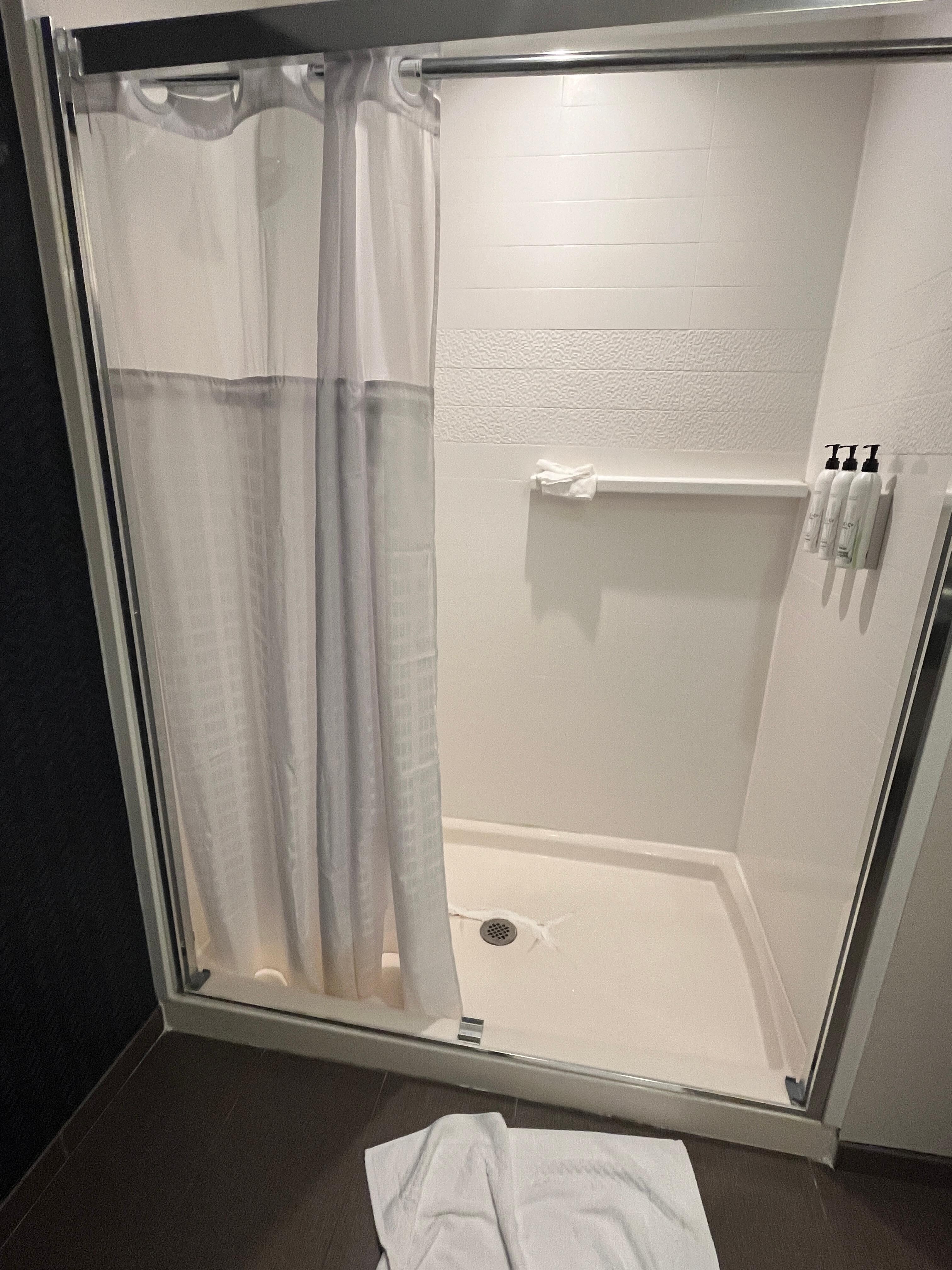 Shower curtain in place of sliding door that I guess was broken.