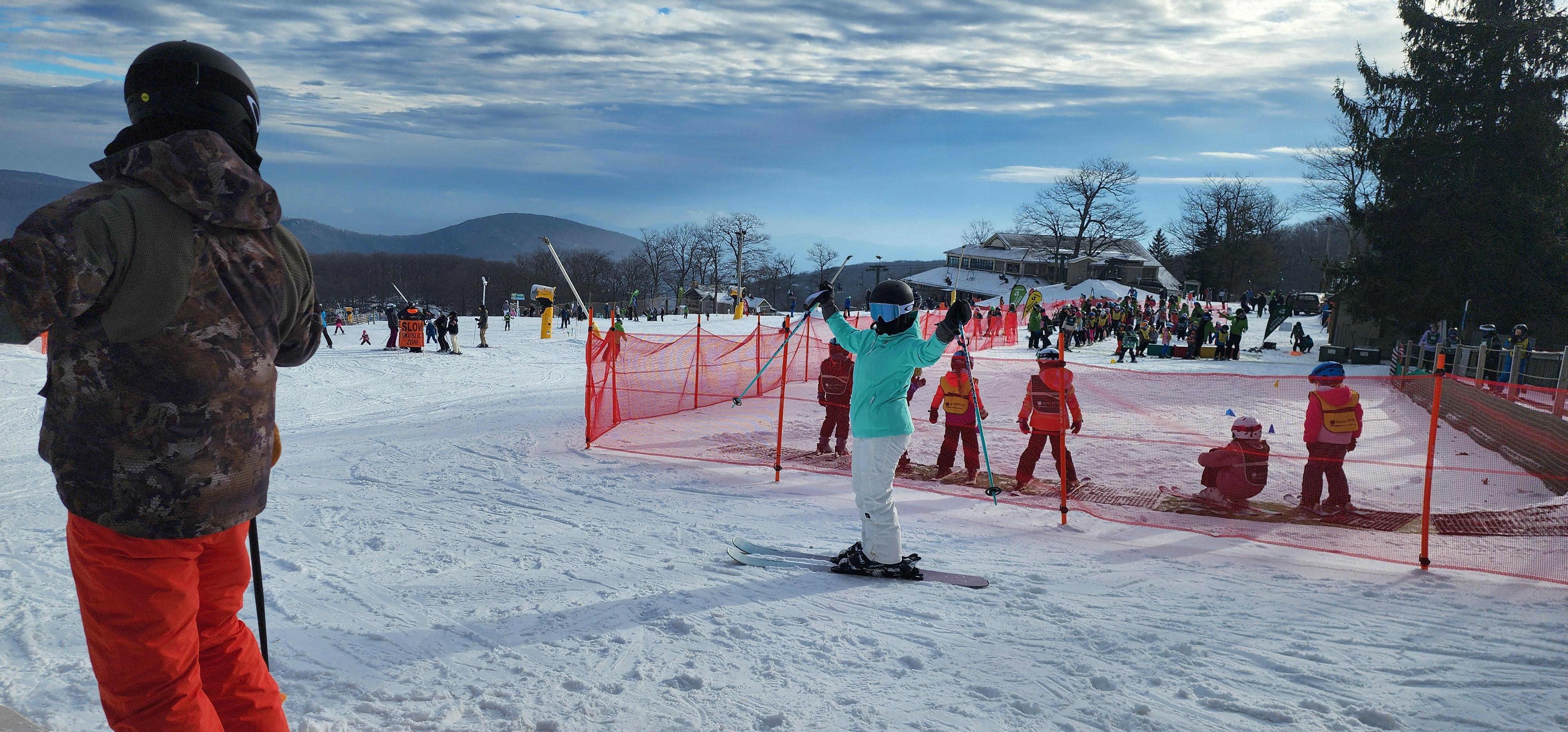 Rights outside of the timbers ski school for the kids its right outside the room. Ski and go
