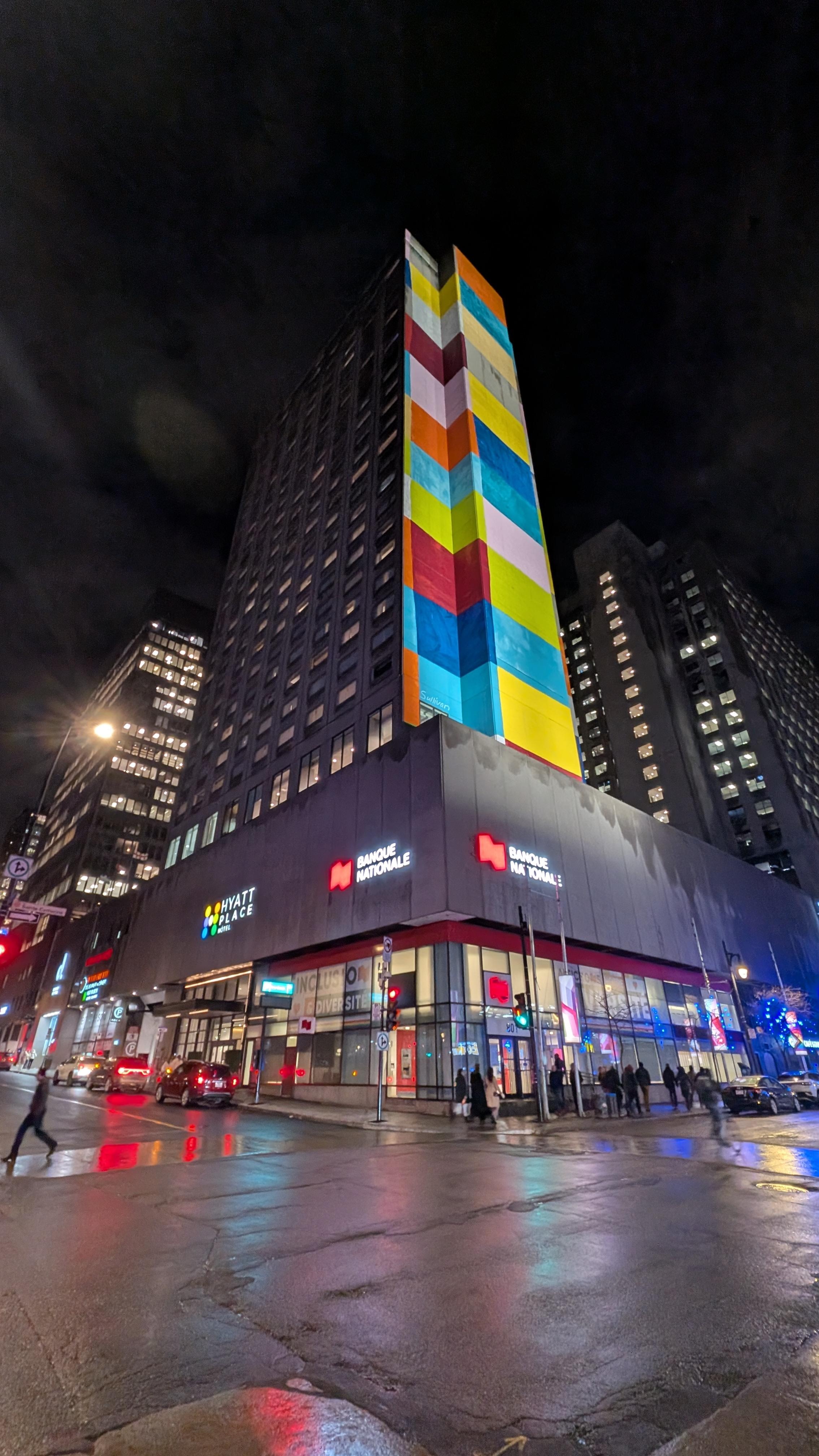 Exterior shot, hotel has a cool mural on the East face