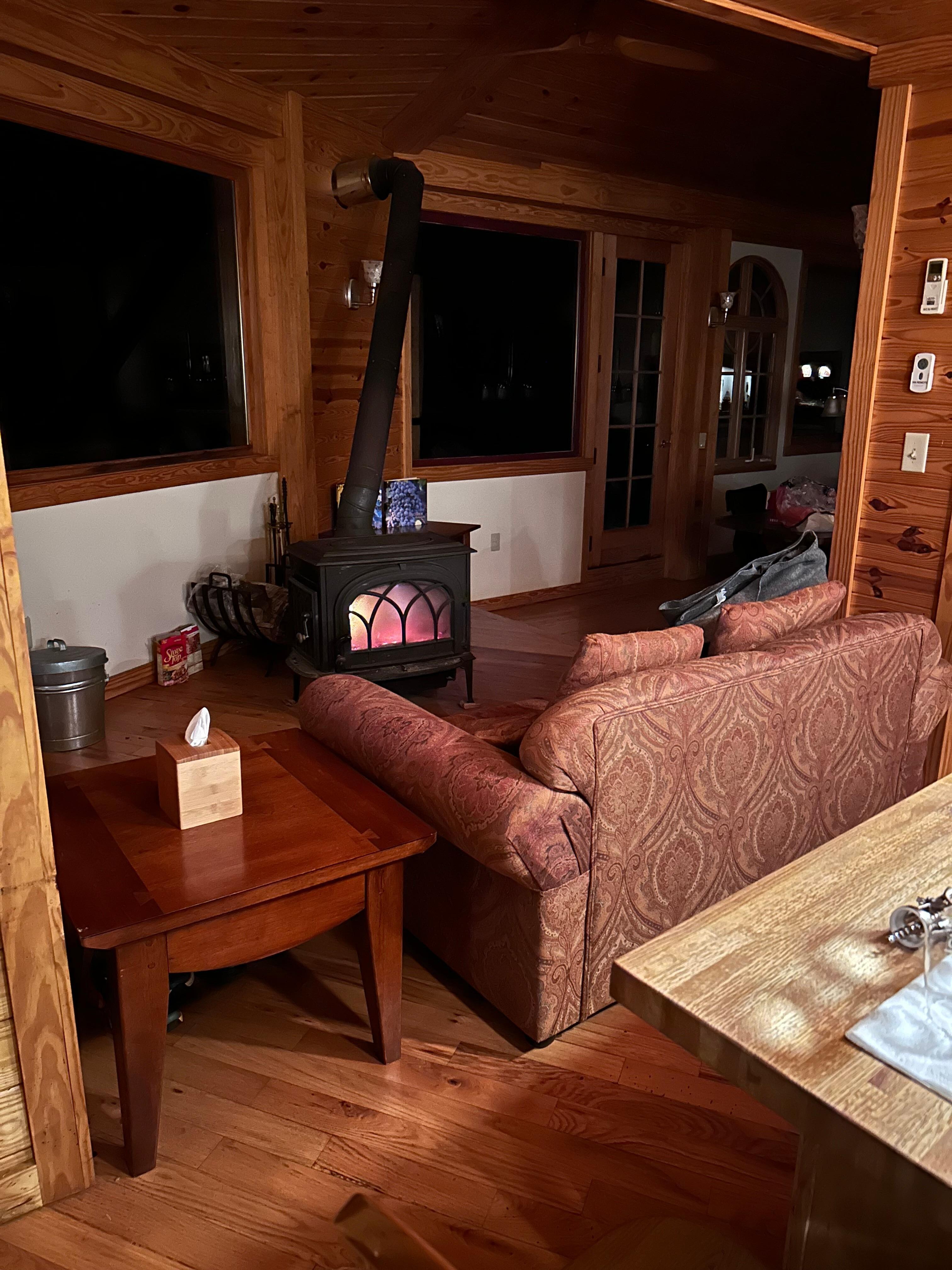 Kitchen and wood stove area.