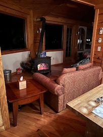 Kitchen and wood stove area.