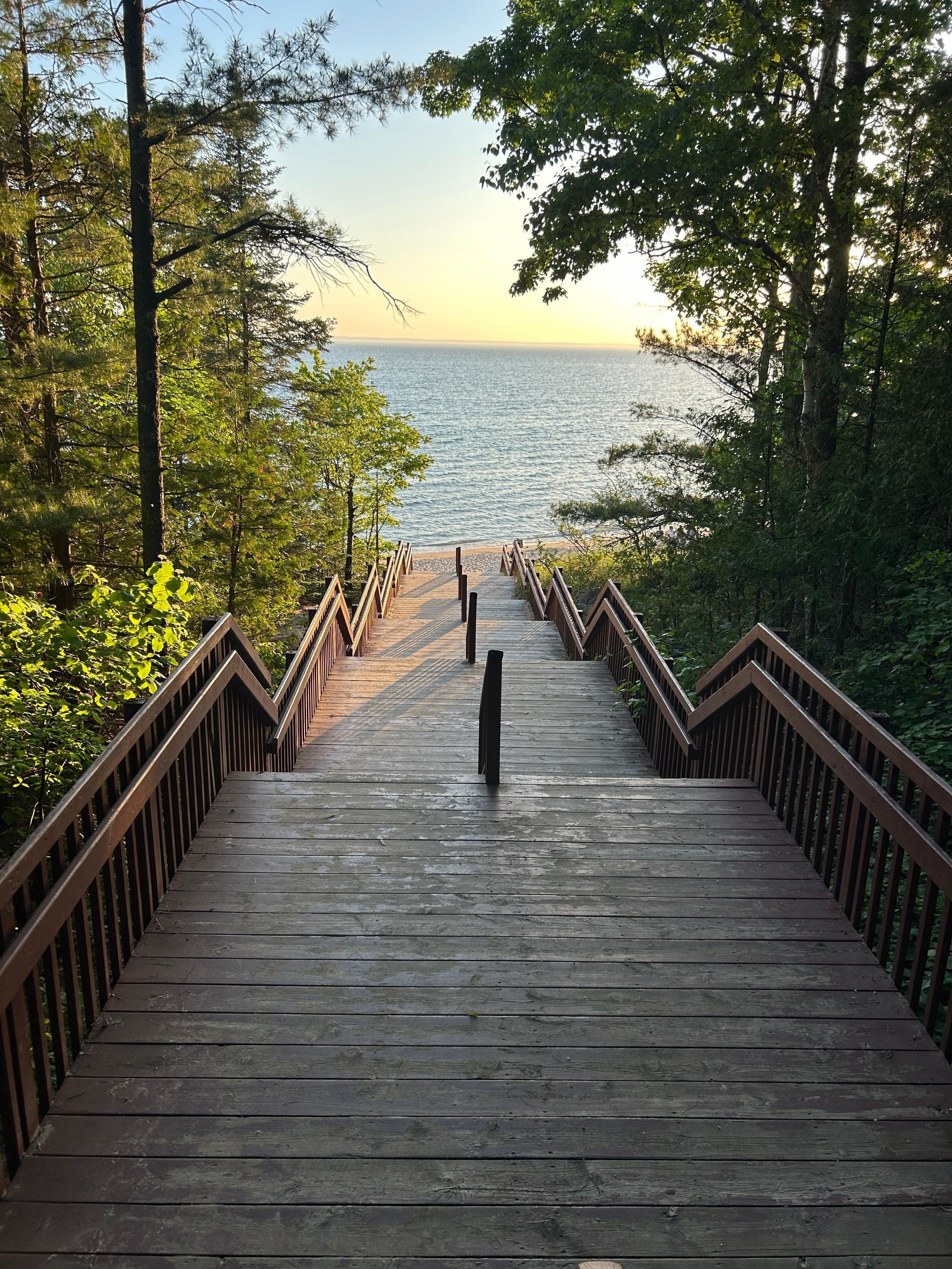 Steps at Barnes Park leading to public beach on Traverse Bay. 