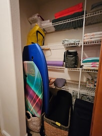 Complete storage closet with outdoors stuff, first aid, flashlights etc.